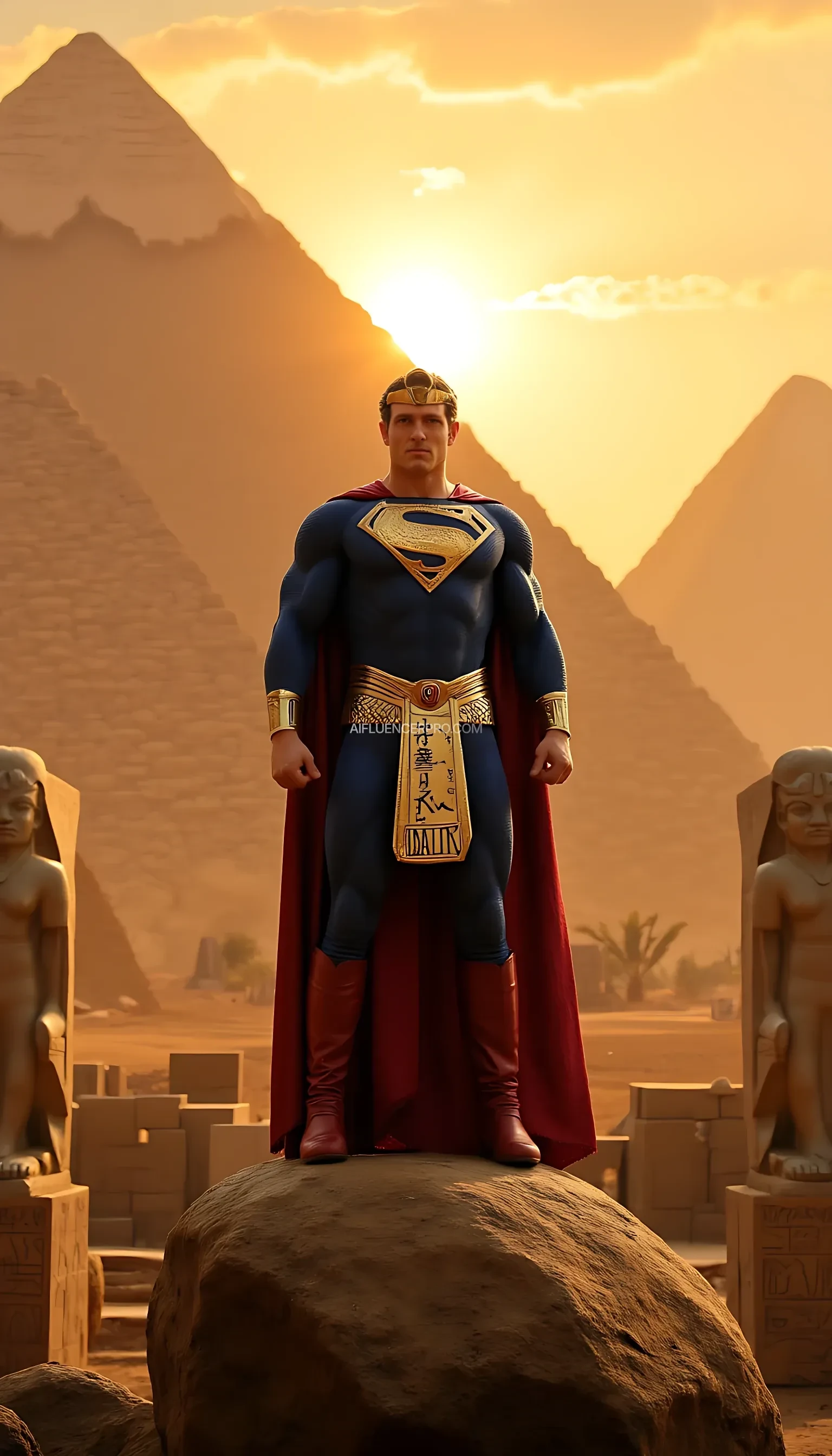 Superman with a costume modified in the style of ancient Egypt, wearing a golden cape adorned with hieroglyphs, a chest plate with an 'S' symbol designed to resemble the sun god Ra, and a pharaoh-style crown. The background features majestic pyramids illuminated by the setting sun, with a golden-orange sky. The scene depicts Superman standing firmly on a large stone, surrounded by ancient artifacts and statues of Egyptian gods. Cinematic style, highly detailed, with dramatic lighting.