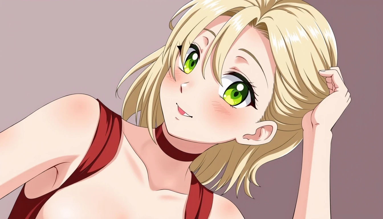 photo of woman CSTMDL as an anime girl, only fans pics, she should be wearing a skirted baby doll underwear, she should have bleach blonde hair, she should have her straight waist length hair, she should have massive fake boobs, she should have really wide hips, she should a perfect massive ass, she should be a professional only fans model, she should be posing seductively on a brightly lit photo shoot, score_9,score_10, 8k resolution