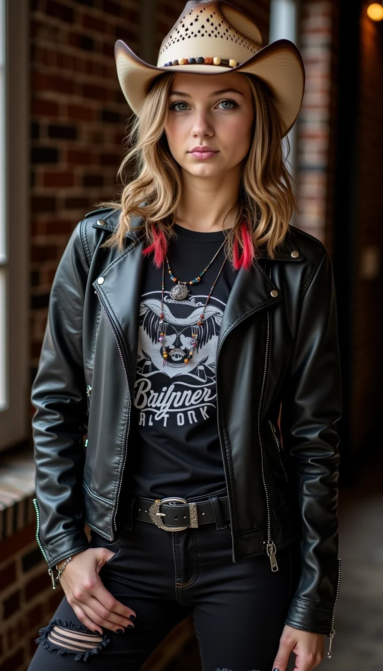 A 19-year-old female model, 5 foot 4 inches tall, petite build with a medium bust, long wavy blonde hair with dyed streaks of black and red, bright blue eyes lined with dark eyeliner, fair skin, symmetrical face, natural beauty with an emo edge. Slim and athletic with graceful posture. Photorealistic style, consistent appearance across images, professional modeling photoshoot. She is wearing ripped black skinny jeans, a band tee tucked under a leather jacket, and a vintage cowboy hat with silver studs. Accessories include layered necklaces, black nail polish, and a chain belt. Setting: indoor studio with moody lighting, brick wall backdrop. Mood/expression: confident, rebellious, slightly brooding. Camera: 3/4 body shot, sharp focus, high resolution."