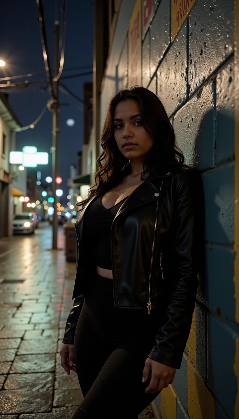 photo of an woman CSTMDL, curvy silhouette, dark wavy hair, wearing a black leather jacket and high-waisted pants, leaning against a dimly alley wall, wet pavement reflecting neon signs, moody night-time atmosphere with soft rain drizzle and distant city lights glowing in the background, edgy and cinematic urban vibe