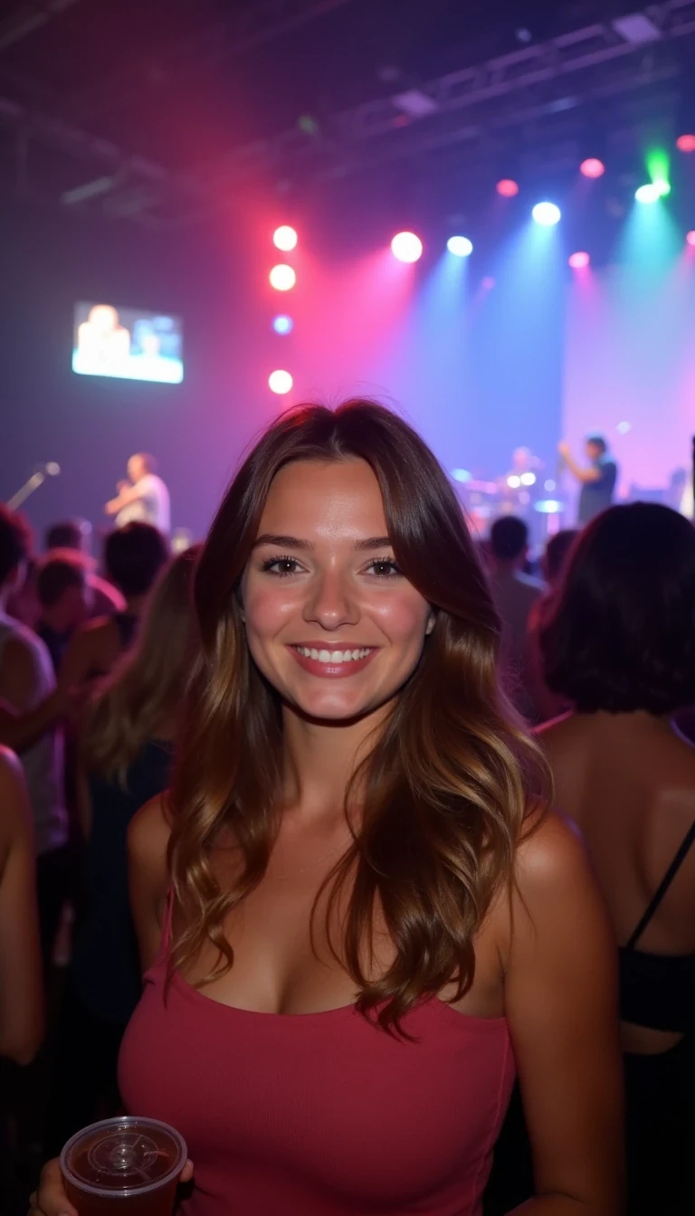 A low-quality Snapchat-style photo from around 2015, capturing a young woman with a warm smile in the middle of a concert crowd. She has soft, wavy brown hair cascading past her shoulders, illuminated by colorful stage lights that cast a gentle glow on her face. The energy around her is lively, with people dancing and enjoying the music. In her hand, she holds a drink, and the blurred background shows a stage with vibrant lights and a faint silhouette of musicians performing. The atmosphere is exciting and energetic, capturing the casual, spontaneous vibe of a concert.