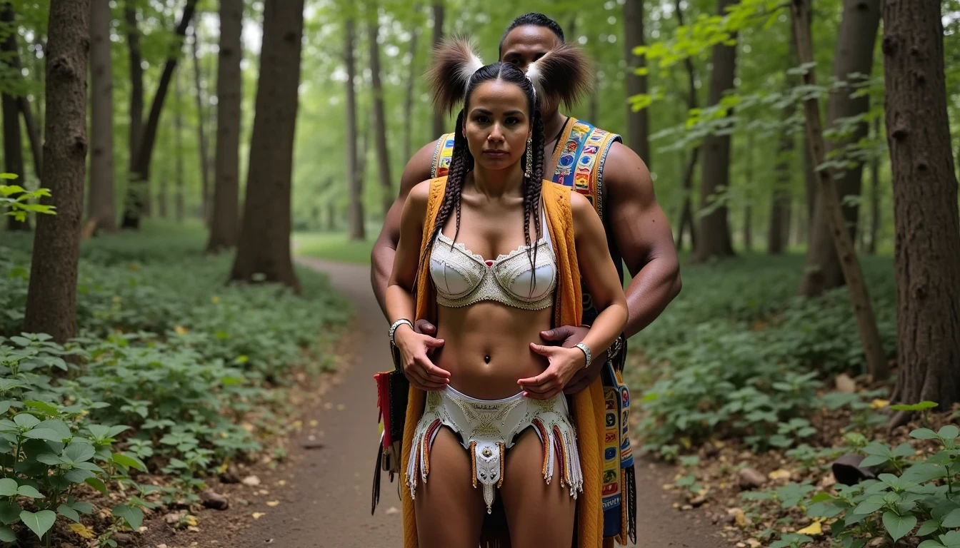 photo of woman CSTMDL, a medium shot photo of, a slim woman, her full body is in the scene, she has a slender petite build with petite small boobs and a flat chest, she has small dark skin nipples with long pointy nipple ducts and small dark skinned areolas, her hair is styled with two long braids she has eagle plumes in her hair, she is not wearing earrings, she is wearing daisy duke denim booty shorts, she is wearing a native American style vest in a golden yellow color over top of her underwear, her vest is open exposing her strapless bra, her bra is a strapless white lace bra, she is wearing white lace panties, she is wearing ankle height smoked hide moccasins, natural lighting, natural light, amateur photography, shot on an iPhone, she is standing with her legs spread wide apart in a densely wooded forest, she is maintaining intense eye contact with the camera, there is a giant native American fat man twice her height kneeling directly behind her holding onto gripping the woman's waistline, the man is holding her in front of him, the man is a real giant twice the height of an average male, public setting, Hyper realism, ultra-sharp focus, highly detailed, natural lighting, natural light, amateur photography,
