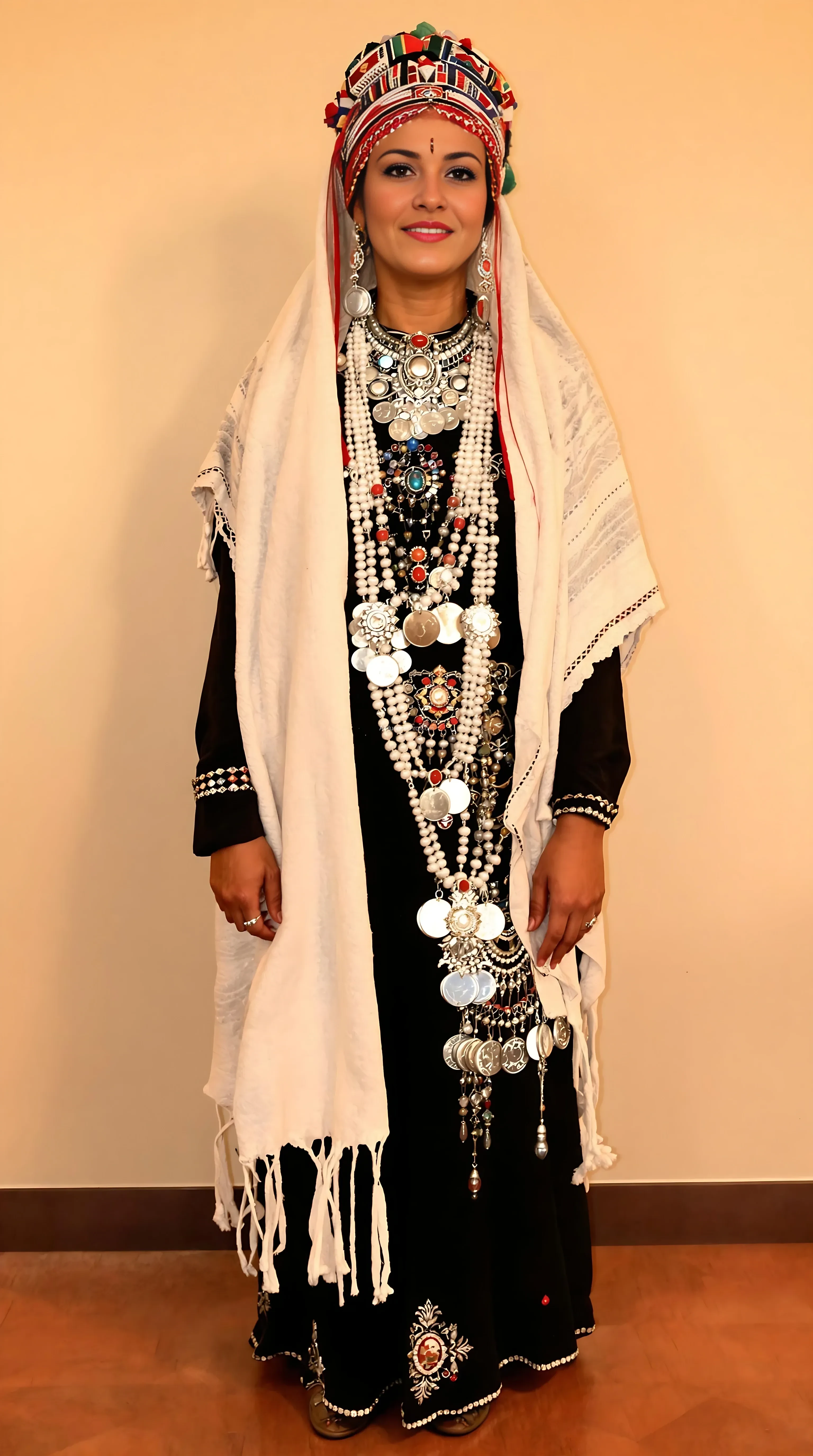 A realistic full-body portrait of a Moroccan Berber woman standing in a dignified pose. She is wearing traditional Amazigh clothing, including a black dress with intricate embroidery, a white woven shawl draped over her shoulders, and detailed silver jewelry featuring coins and coral stones. Her head is covered with a traditional Berber headpiece, adorned with beads and vibrant patterns. The pose is stoic and elegant, with her hands resting naturally at her sides. The lighting is soft and warm, and the background is plain, emphasizing the intricate details of her traditional attire and jewelry. The overall look reflects authentic Amazigh heritage and cultural accuracy