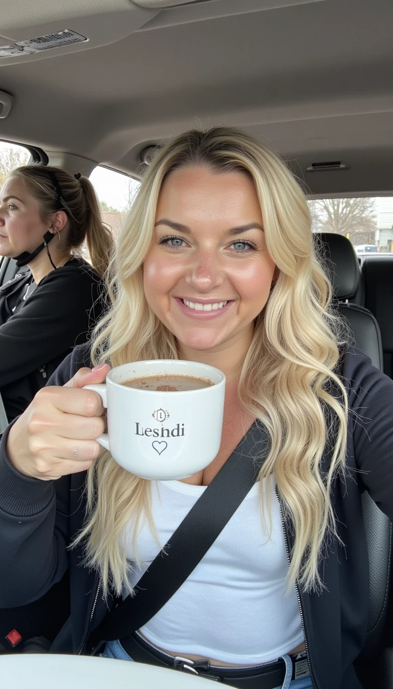 Snapchat-style CSTMDL white women with blonde hair holding a hot chocolate 