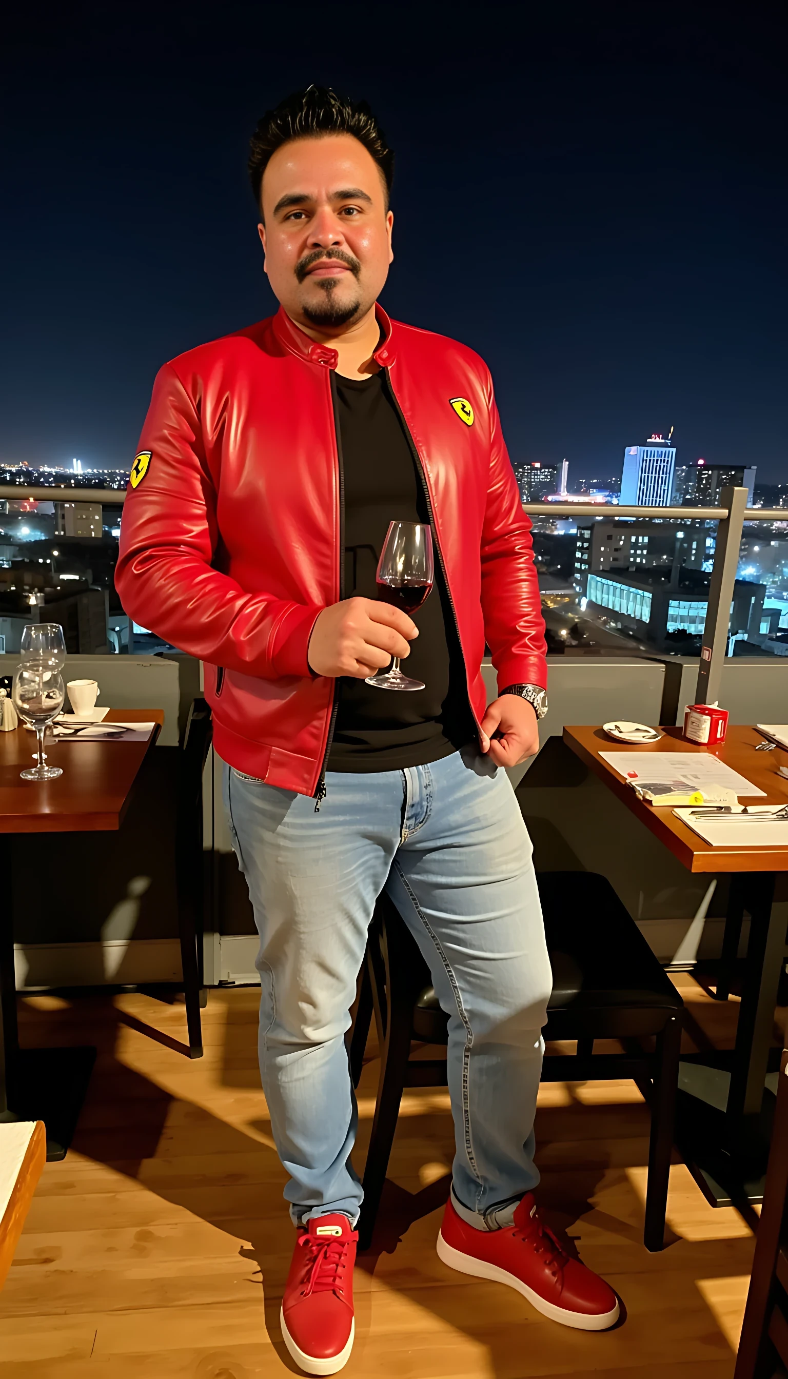  CSTMDL Man body wearing light blue jeans a red leather jacket with a Ferrari logo  red tenis shoes wearing a rolex watch standing on a nice restaurant  with a glass of wine on a rooftop city night lights  clear background 