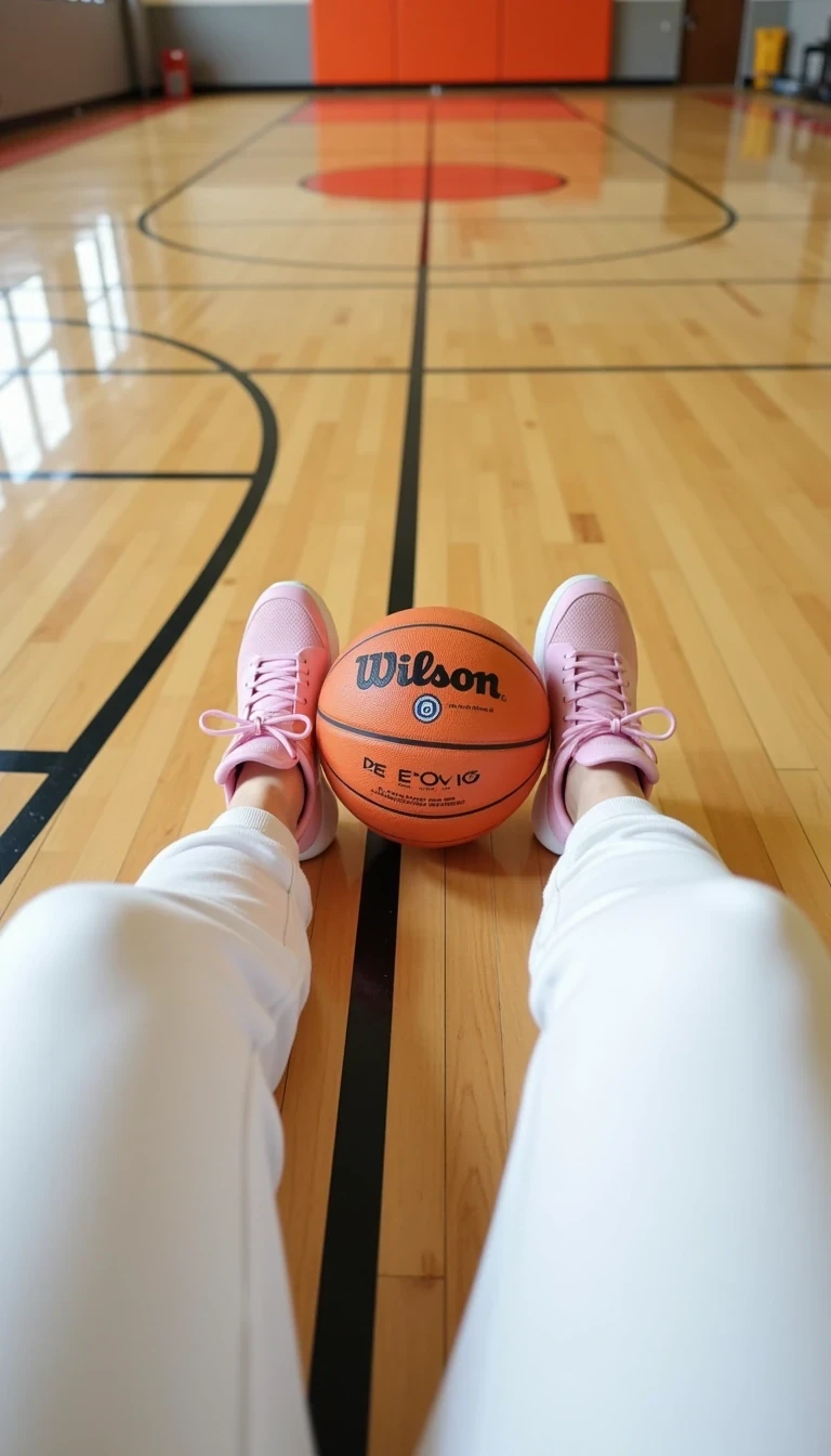 photo of woman CSTMDL , This image captures a close-up view of a person's legs, clad in white sweatpants, resting on a polished wooden basketball court. The focus is on a vibrant orange basketball, placed between the legs, prominently displaying the logo 'Evo' and 'Wilson.' The environment conveys a warm, relaxed atmosphere, suggesting a casual day at the gym or after a game. The perspective is low to the ground, emphasizing the footwear, which consists of stylish pink basketball shoes. The court's lines and markings, along with the smooth surface of the wood, enhance the setting's authenticity. Natural light from overhead illuminates the scene, casting soft shadows and highlights, creating a balanced composition. The overall feel is comfortable yet sporty, reflecting a connection to the game of basketball while highlighting the individual's relaxed moment of pause. The colors are warm with a slight sheen from the polished floor, and the depth of field softly blurs the background, drawing more attention to the subjects in the foreground. A low-angle shot of a seated individual’s feet in soft pink athletic shoes resting on a basketball on polished wooden gym flooring. The warm, golden tones of the wood contrast beautifully with the pastel shades of the shoes, creating a vibrant yet soothing visual. The basketball, with its textured surface and bold markings, serves as a focal point, symbolizing leisure or an impending game. The gym setting is subtly illuminated, casting gentle shadows that accentuate the curves of the legs and the ball. This composition emphasizes the relaxed atmosphere of the gym, inviting viewers to feel the anticipation of a game or a workout. The camera angle creates an intimate perspective, immersing the viewer into the scene. The style is reminiscent of contemporary lifestyle photography, evoking a sense of casual comfort and sportiness. The overall mood is laid-back and inviting, perfect for conveying a moment of pause in an active lifestyle.