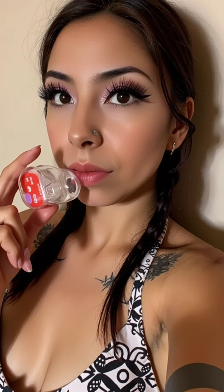 A selfie photo close up of CSTMDL a native American adult woman, she is posing seductively for the camera, she maintains intense eye contact with the camera at all times, she has native American style hair in two long braids, she is wearing a skin tight form fitting onesie with native American geometric patterns on it, she is holding a candycane that is two inches in girth, realistic,