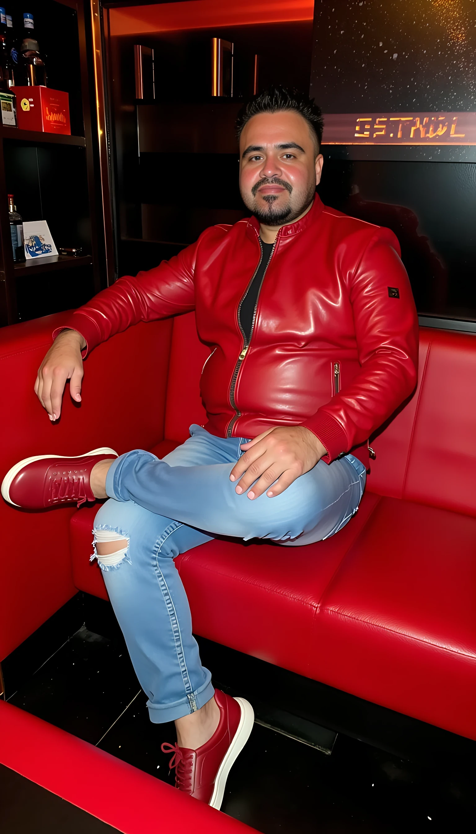 CSTMDL average man body  seating in a couch leg crossed wearing a light blue jeans with a red leather Ferrari jacket and red shoes  with a nightclub background 