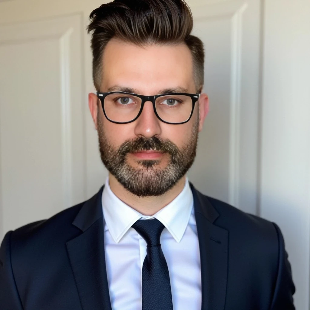 Businessman, with the exact same face as the attached photo and the exact same haircut. He is wearing a suit and modern Ray-Ban reading glasses. Slim but muscular build, with a beard like in the photo but more neatly groomed. Same haircut as in the attached photo. He is facing the camera directly, as if posing for a LinkedIn profile picture.