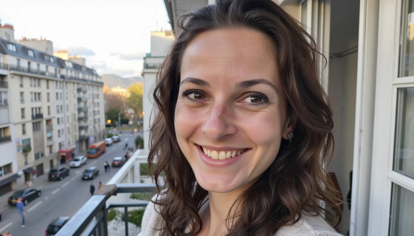 boring low quality snapchat photo circa 2020, A young woman with a warm smile, sitting on the balcony. She has soft, wavy brown hair cascading past her shoulders. The sunlight streams through the window, casting a gentle glow on her face, showing one puffy tit. The background outside is Paris street full of people