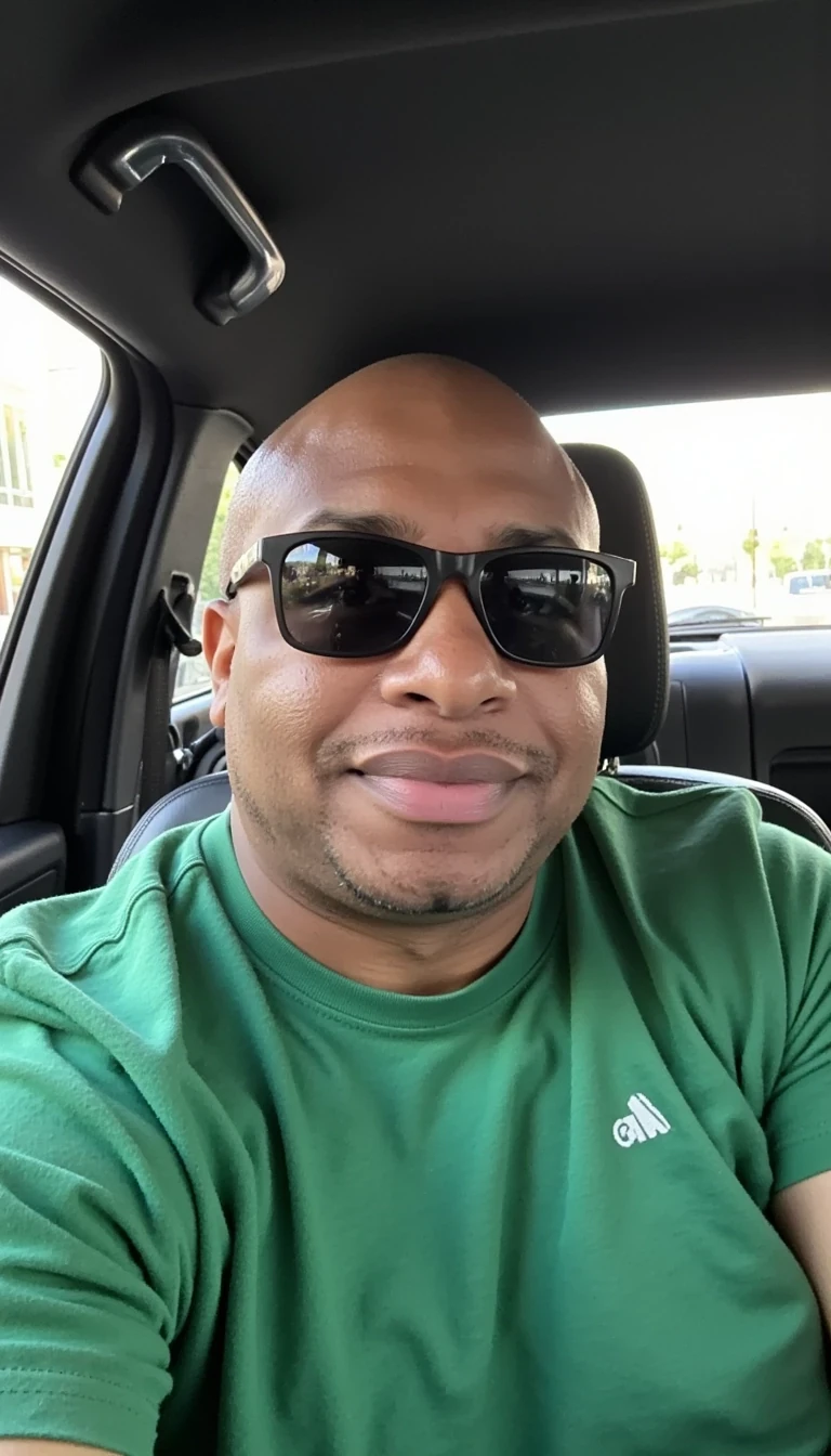 Human filter , green t shirt, sunglasses,sitting in limo, smiling and same face of Carter with bald head, real look, cstmdl