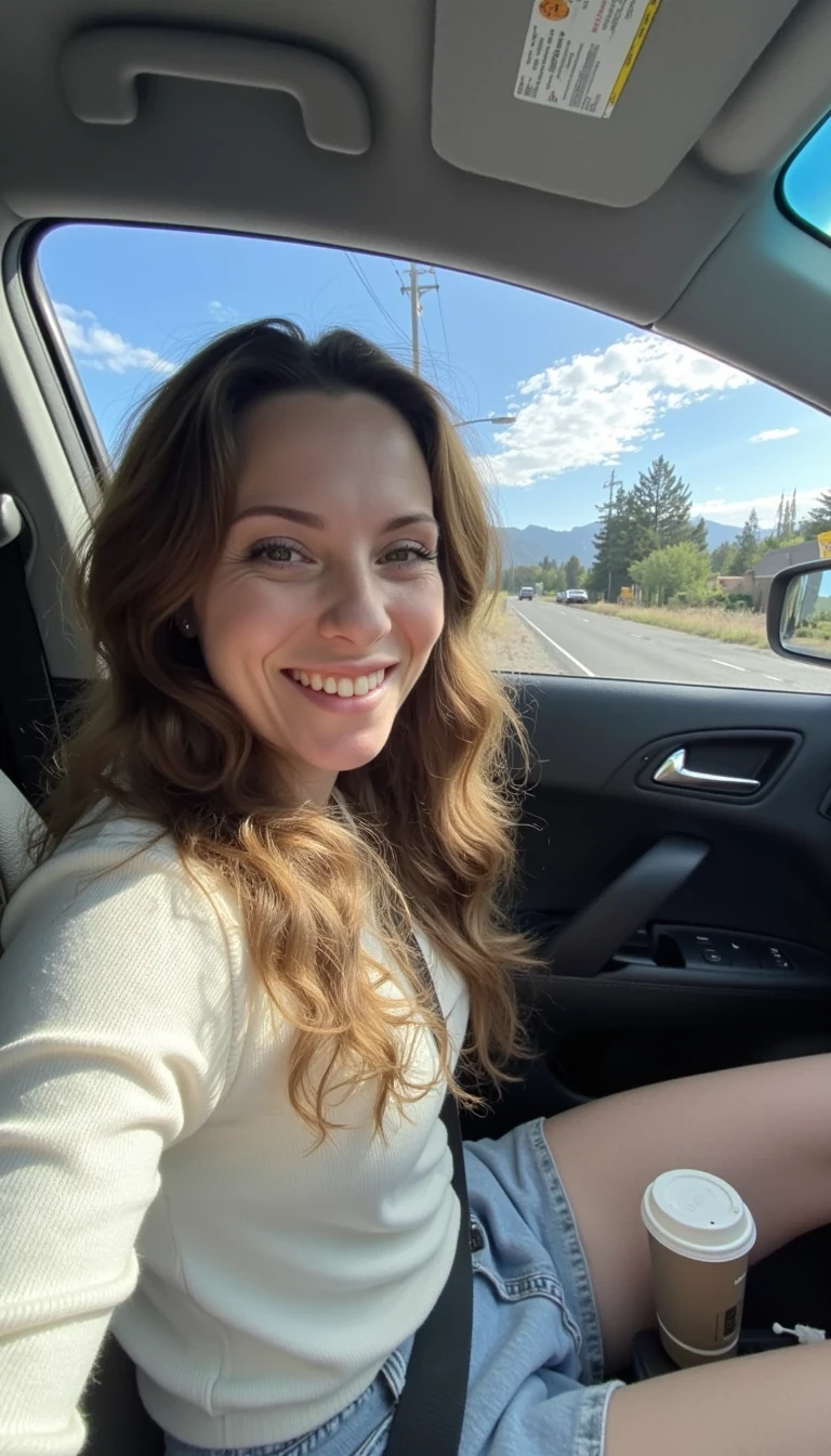 boring low quality snapchat photo circa 2015, A young woman with a warm smile, sitting in the driver's seat of a cozy car. She has soft, wavy brown hair cascading past her shoulders. The sunlight streams through the window, casting a gentle glow on her face. The interior of the car is neat and comfortable, with a coffee cup in the cup holder and a small plant on the dashboard. The background outside the window shows a scenic road lined with trees and blue skies
