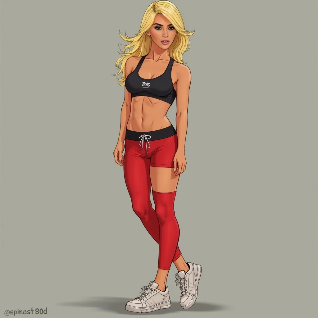 cute woman, hot pants, sneakers, sports bra, blonde hair