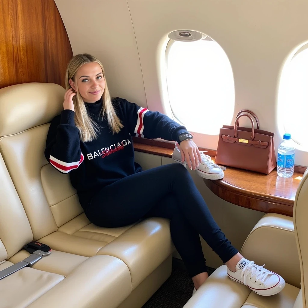 This is a photograph of a young woman seated in the back of a private plane. The woman has fair skin, straight, long soft blonde hair, and is wearing minimal makeup. She is dressed casually in a black turtleneck sweater with the text "BALENCIAGA" and in red and white, paired with black leggings and white Converse sneakers. Her legs are spread out, and she is sitting with her knees bent, one hand holding her hair back and the other on her knee.

The interior of the private plane is luxurious, with cream-colored leather seats and polished wood paneling. The window to her right is open, allowing natural light to flood the cabin, creating a bright and airy atmosphere. A Hermes Birkin is visible on the floor next to her, and there is a half-full Fiji water bottle on the table in front of her. The overall ambiance of the photo is relaxed and chic, capturing a moment of leisurely travel.
