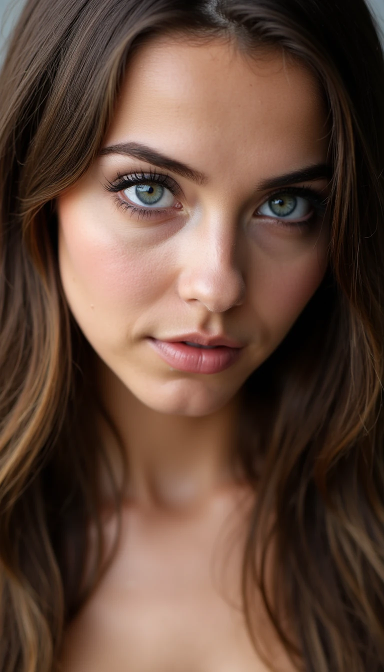 close-up of a feminine woman with big soft blue eyes, long dark lashes, defined cheekbones, wavy brown hair cascading over one shoulder, sensual yet innocent expression, slightly open lips, natural glossy skin texture, shot in soft lighting with shallow depth of field, polish girl