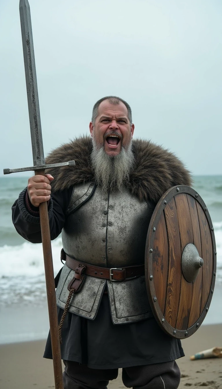 CSTMDL as grey bearded Viking with a viking sword and stylish viking silver shiny Plate armour , standing in warpose on the windy beach and hold the viking sword high in the sky with the left hand, he cry loud out , in his right hand he hold a typically used wooden Viking shield
