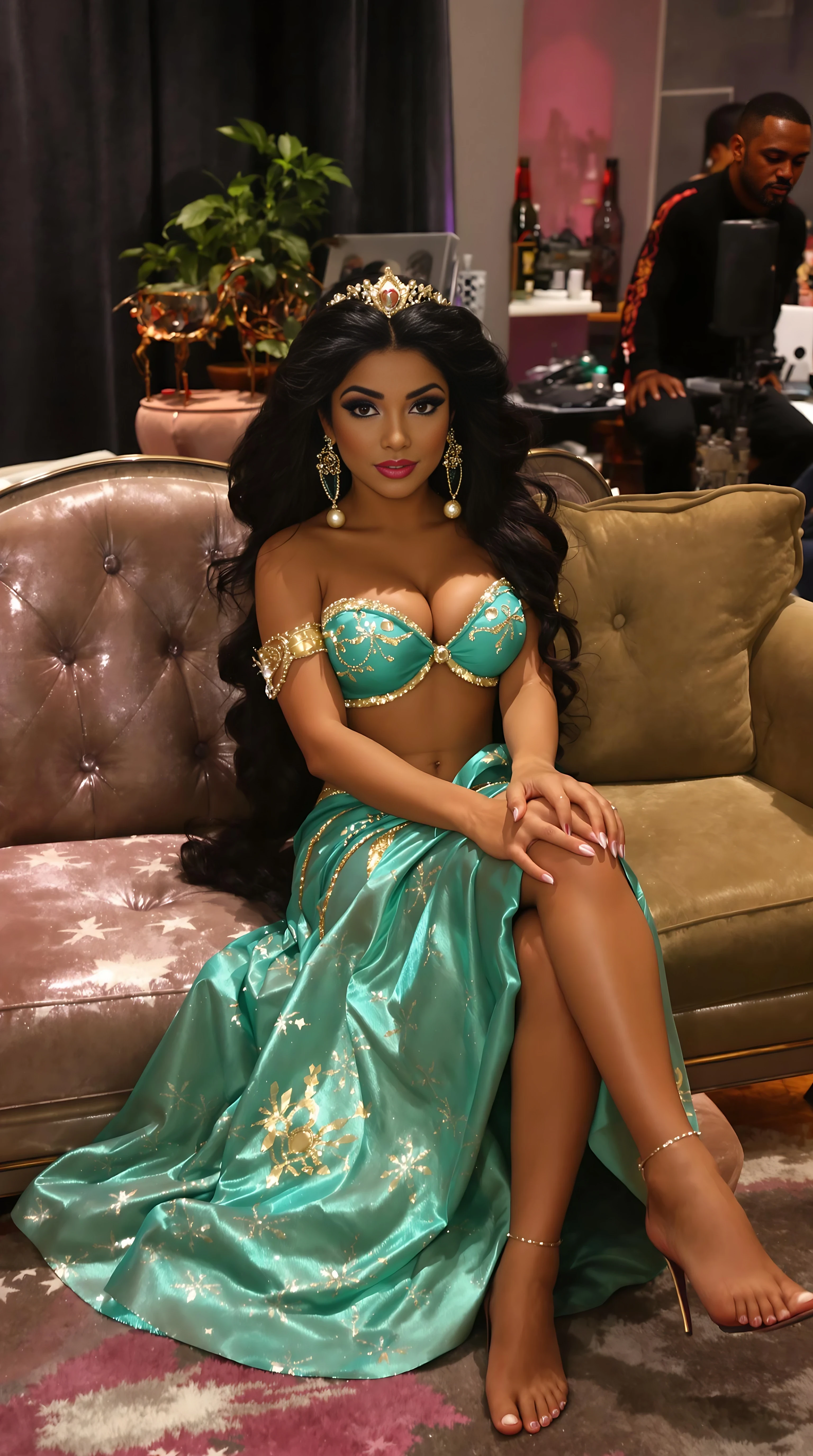 A 21st century new year 2025 modern Disney princess jasmine version, disney pixar, pixar, Disney princess jasmine, but shes 18 years old now and a adult film mexican actress, sitting vert pretty on the casting couch, all dolled up, adult filming studio with a couch cameras, and an interviewer and a big large dark skinned man waiting for the filming to begin, I think everyone is eager and excited o watch her work in the adult video scene, porn, pornstar, it's was Disney princess jasmines deepest hidden desire to be in porn, she finally got the courage to go to a porn casting,