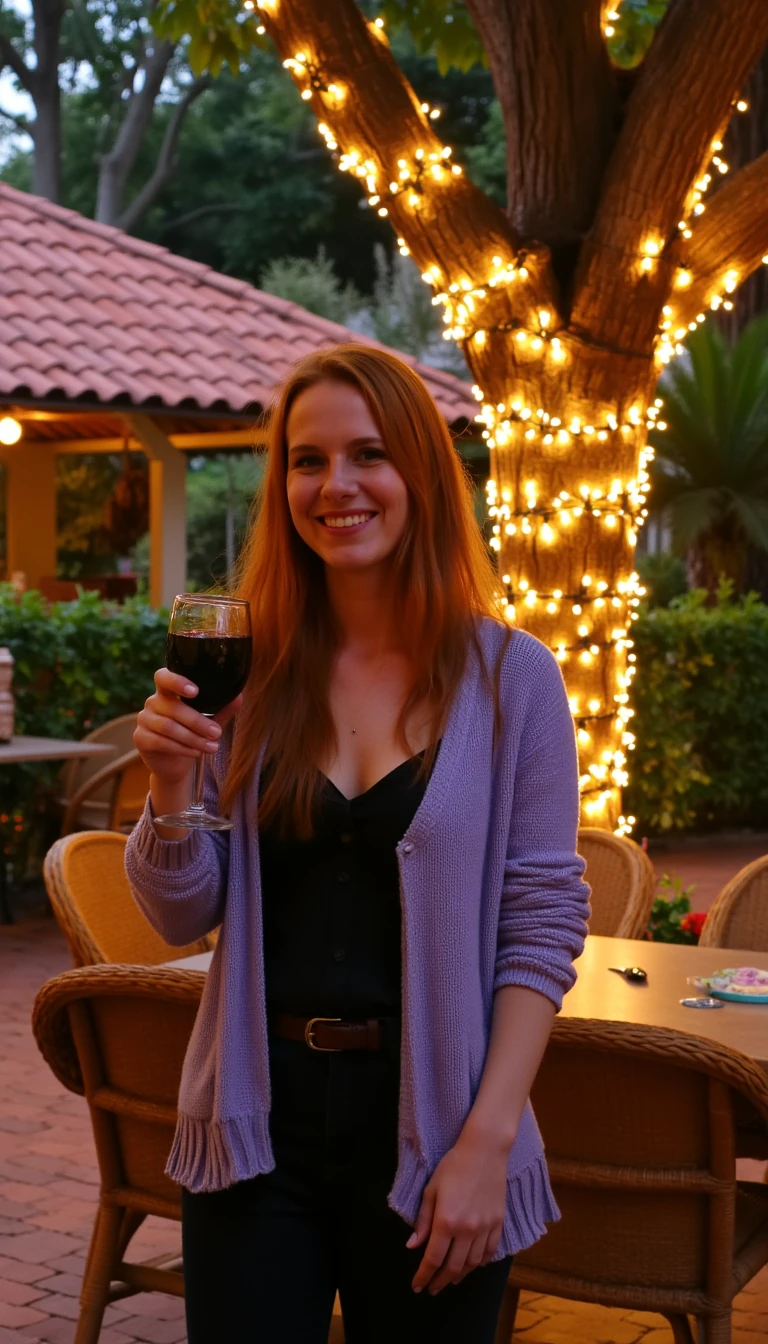A full body shot photo of a woman standing outdoors at a cozy, warmly lit patio in the evening, with soft, glowing lights wrapped around a tree behind them creating a charming atmosphere. The image is rich in detail, with warm tones and clear textures throughout. The woman has fair skin, a slim build, and long reddish-blonde hair, also worn loose. She is smiling warmly at the camera, holding a glass of red wine in her right hand, and wears a soft-textured lavender cardigan over a black top. The background features a large tree with sparkling string lights wrapped around its trunk and branches, adding a magical touch to the scene. The setting suggests a private outdoor seating area, with elements like terracotta-tiled roofing, greenery, and rattan chairs contributing to a serene, inviting vibe. The overall composition is balanced, with the woman framed against the softly glowing tree, and the lighting enhances the warm, intimate feel of a quiet evening shared among friends. The details are vivid, with textures of clothing, skin, and background elements clearly visible, while the warm lighting creates a relaxed and joyful mood