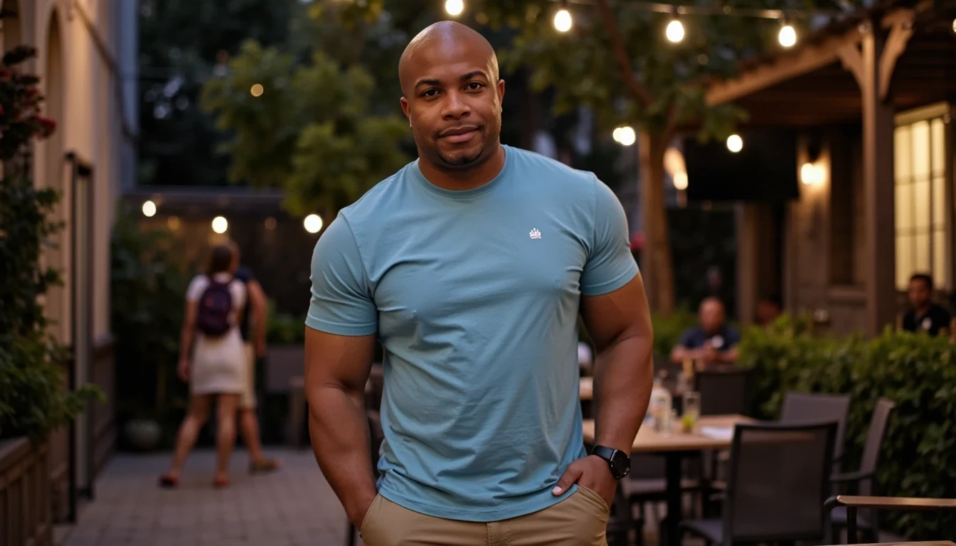 iPhone Photorealistic Full body image. make him more realistic and similar. Tech CEO, He is wearing baby blue t shirt and tan khakis. Slim but muscular build. He enjoying the night with friends. He looks like a confident stud, CSTMDL, Face of Carter and bald head