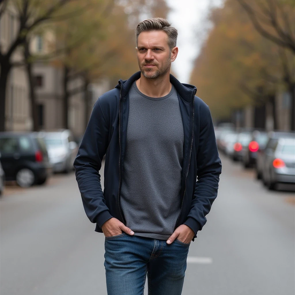 Portrait of 35 year old fit man walking on street