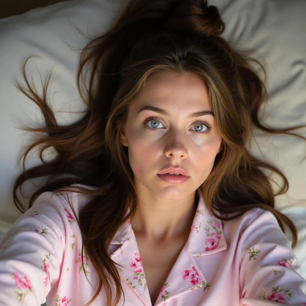 create an ultra-realistic selfie image of a 19 year old Serbian woman. she is tan. She stands at 5'9", embodying the epitome of allure and charm with her sharp Slavic facial features. Her captivating blue eyes and long, brown hair enhance her mesmerizing presence. she is dressed in a light flower pink pajama laying in bed with messy bun hair. Her expression is one of sadness and seriousness Focus on extreme realism, especially in her facial details. her hair is almost to her waist in length. her eyes are extremely realistic and she is looking directly in the camera.