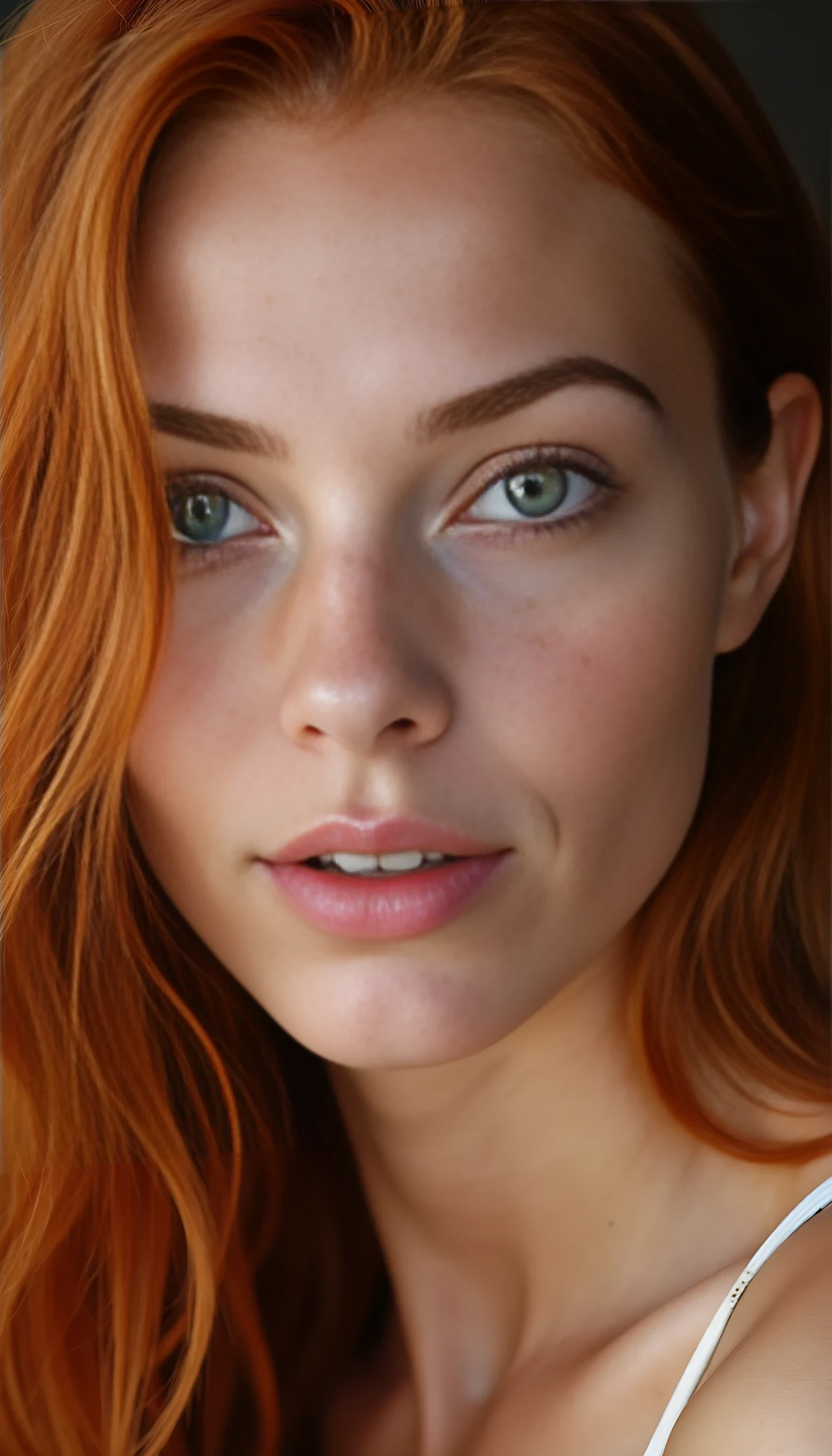 A portrait photo of a beautiful 20 years old model, mixed ethnicity of half white American half Brazilian, with soft red hair, emerald green eyes, light freckles across her nose, ultra detailed eyes with sharp iris reflections, slight smile, studio-quality, extremely realistic HD