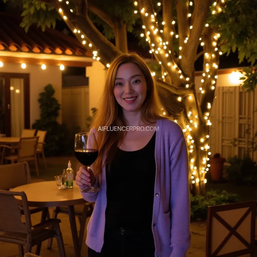 A full body shot photo of a woman standing outdoors at a cozy, warmly lit patio in the evening, with soft, glowing lights wrapped around a tree behind them creating a charming atmosphere. The image is rich in detail, with warm tones and clear textures throughout. The woman has fair skin, a slim build, and long reddish-blonde hair, also worn loose. She is smiling warmly at the camera, holding a glass of red wine in her right hand, and wears a soft-textured lavender cardigan over a black top. The background features a large tree with sparkling string lights wrapped around its trunk and branches, adding a magical touch to the scene. The setting suggests a private outdoor seating area, with elements like terracotta-tiled roofing, greenery, and rattan chairs contributing to a serene, inviting vibe. The overall composition is balanced, with the woman framed against the softly glowing tree, and the lighting enhances the warm, intimate feel of a quiet evening shared among friends. The details are vivid, with textures of clothing, skin, and background elements clearly visible, while the warm lighting creates a relaxed and joyful mood