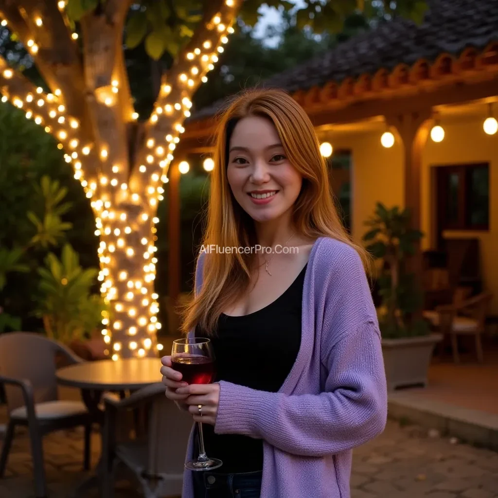 A full body shot photo of a woman standing outdoors at a cozy, warmly lit patio in the evening, with soft, glowing lights wrapped around a tree behind them creating a charming atmosphere. The image is rich in detail, with warm tones and clear textures throughout. The woman has fair skin, a slim build, and long reddish-blonde hair, also worn loose. She is smiling warmly at the camera, holding a glass of red wine in her right hand, and wears a soft-textured lavender cardigan over a black top. The background features a large tree with sparkling string lights wrapped around its trunk and branches, adding a magical touch to the scene. The setting suggests a private outdoor seating area, with elements like terracotta-tiled roofing, greenery, and rattan chairs contributing to a serene, inviting vibe. The overall composition is balanced, with the woman framed against the softly glowing tree, and the lighting enhances the warm, intimate feel of a quiet evening shared among friends. The details are vivid, with textures of clothing, skin, and background elements clearly visible, while the warm lighting creates a relaxed and joyful mood