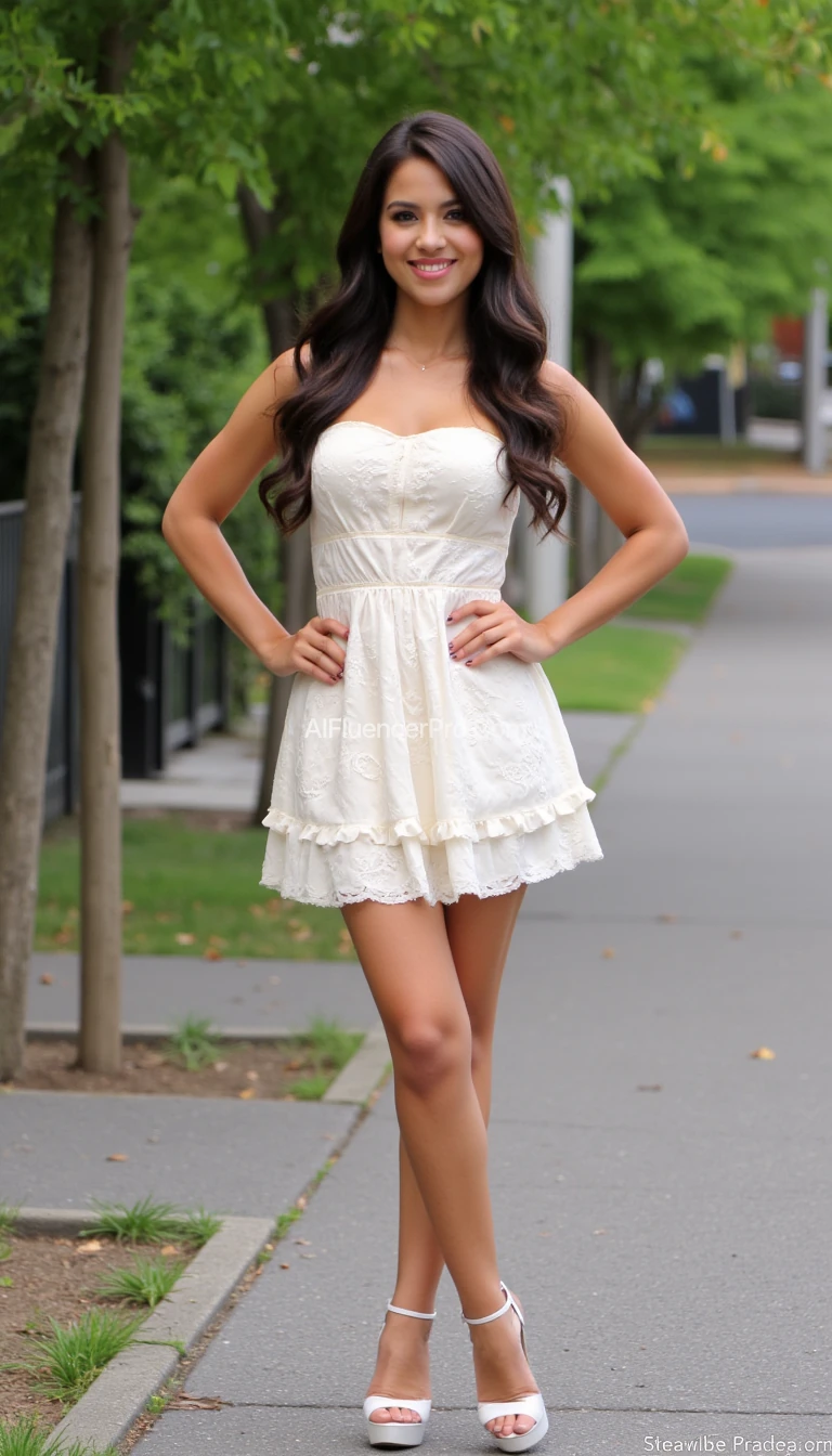 A sexy Latina girl in heels posing for the camera smiling long hair sundress on white heels 
