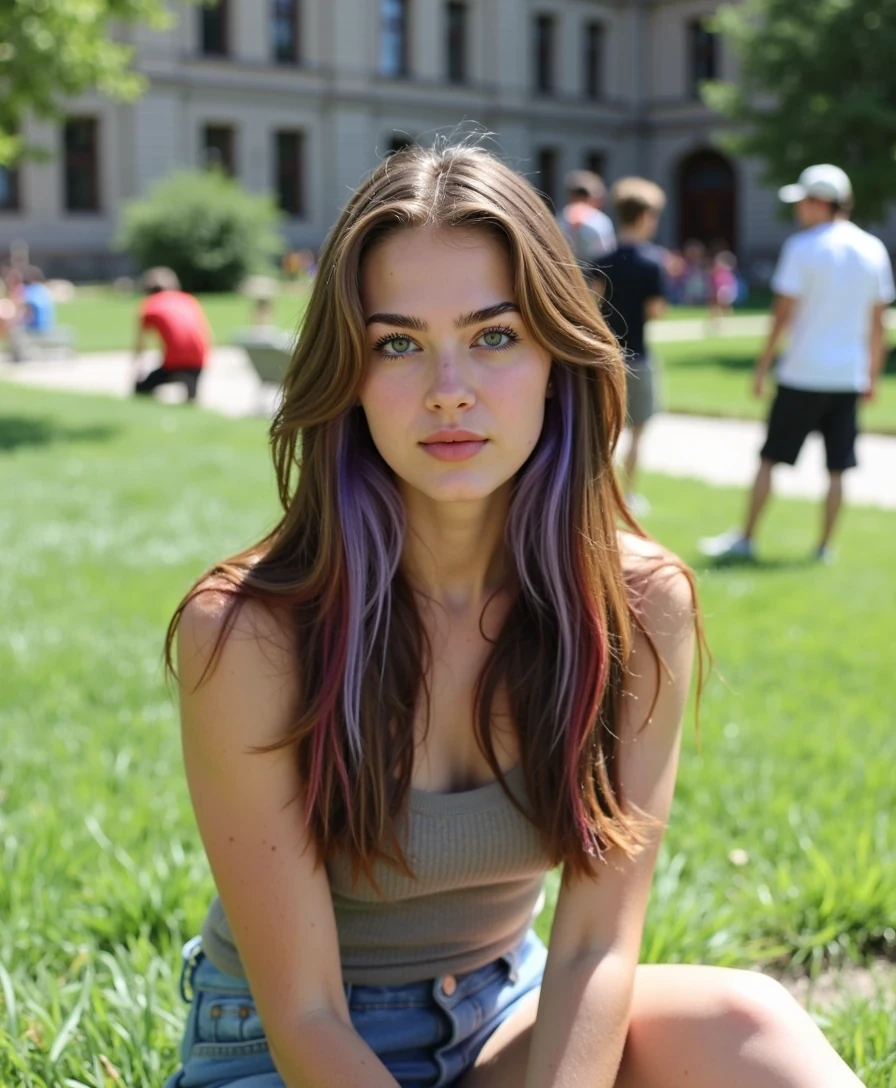 boring low quality snapchat photo circa 2015 Outdoor candid portrait of  CSTMDL woman sitting on campus grass. Slim heart-oval face, wide green doe eyes, pouty lips, fair warm skin. Long brunette hair with violet and red streaks, loose waves falling over both shoulders. Expression: mid-laugh, natural and carefree. Outfit: tank top and denim shorts. Background: blurred campus quad with students. Lighting: natural afternoon sun. Style: casual lifestyle IG photo.

