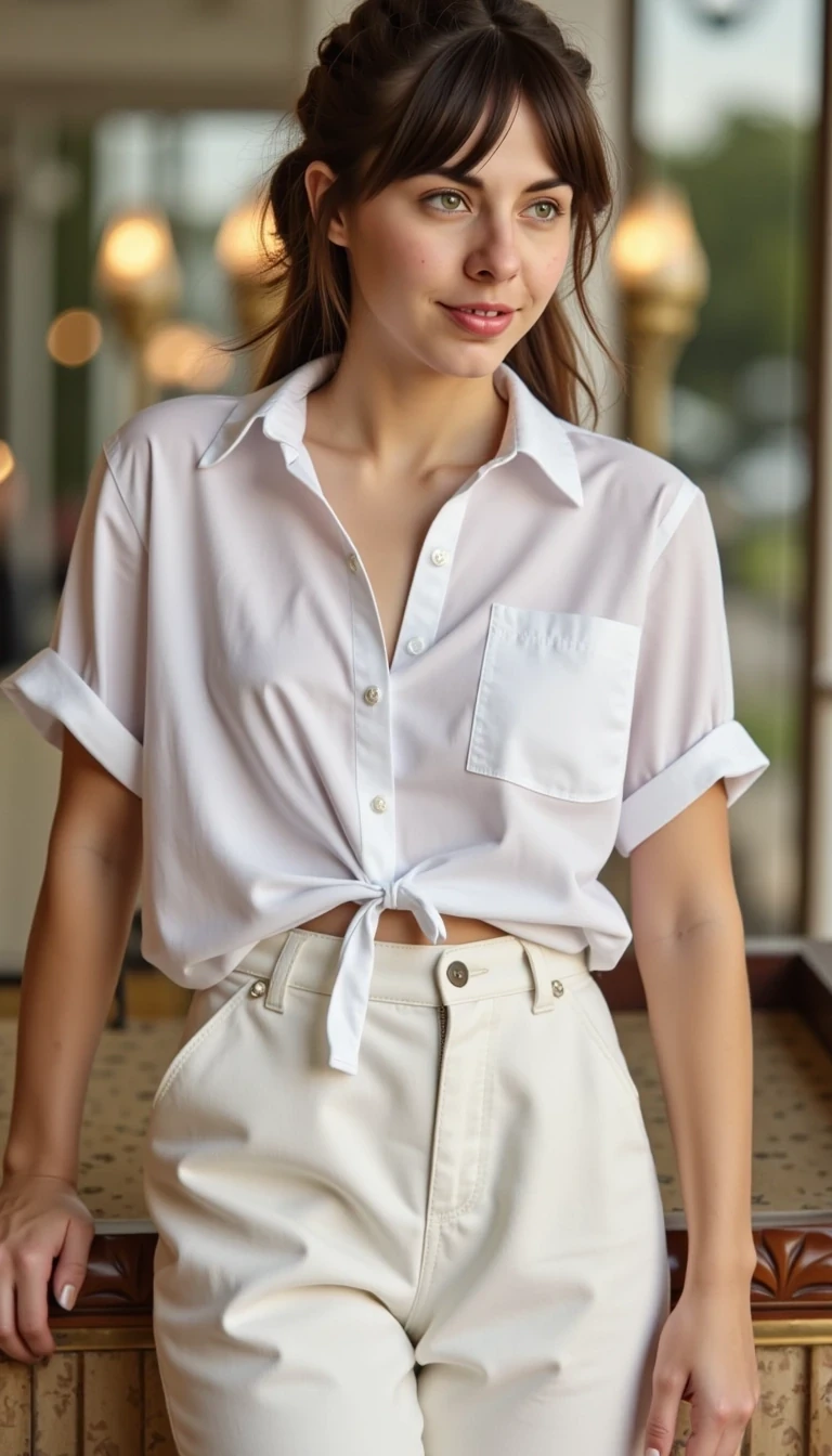 (((HD photo))), ultra high res.photorealistic:. 1.4, UHD, masterpiece, trending on artstation, portrait, upper body shot, CSTMDL woman, 28 year old, pretty, cute face, most beautiful in the world, soft, delicate, (braided brown hair), slim athletic figure, (wearing white summer shirt with linen pants), sexy seductive pose:1.4, luxurious background, 