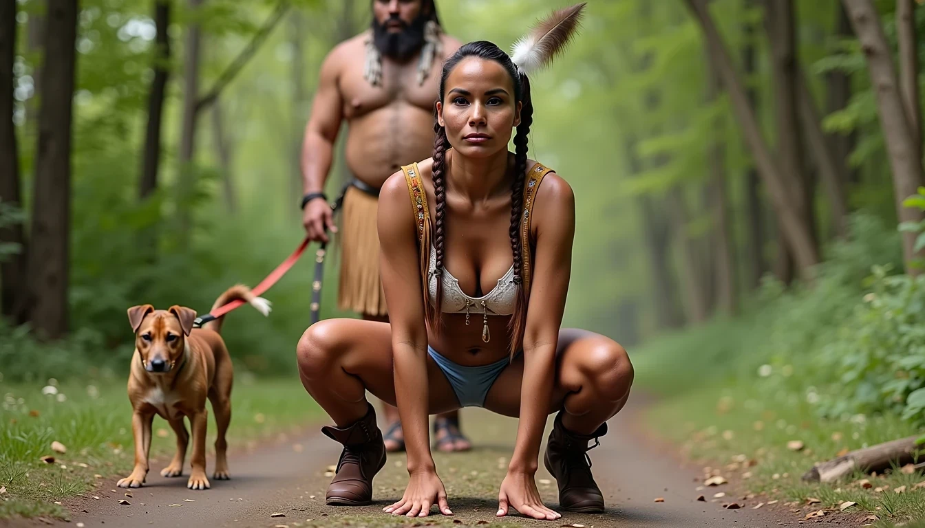 photo of woman CSTMDL, a medium shot photo of, a slim woman, her full body is in the scene, she has a slender petite build with petite small boobs and a flat chest, she has small dark skin nipples with long pointy nipple ducts and small dark skinned areolas, her hair is styled with two long braids she has eagle plumes in her hair, she is not wearing earrings, she is wearing daisy duke denim booty shorts, she is wearing a native American style vest in a golden yellow color over top of her underwear, she is holding her vest open exposing her strapless bra, her bra is a strapless white lace bra, she is wearing a fringe breechcloth in a golden yellow color, she is wearing ankle height smoked hide moccasins, natural lighting, natural light, amateur photography, shot on an iPhone, she is posing bent over on all fours on the ground with her legs spread wide apart in a wooded area in front of a fat obese native American man, she is maintaining intense eye contact with the camera, a fat obese native American man is directly behind her holding onto the other end of her leash, she is wearing a leash and dog collar around her neck, public setting, Hyper realism, 16k, uhd, ultra-sharp focus, perfect meshes and textures, highly detailed, highly accurate reflections, natural lighting, natural light, amateur photography,