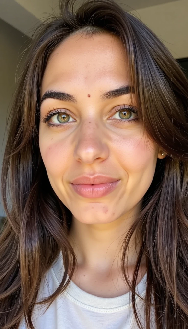 Selfie of Zahra CSTMDL mid-20s Arabic woman with warm olive skin, light freckles, a small crescent scar above left eyebrow. Bright green eyes with dark lashes and full brows, straight nose with soft curve, rose lips with slight asymmetry, single dimple on right cheek. Oval face with loose honey-brown hair, natural skin texture.
Style: soft girl selfie aesthetic, warm pastel tones, dreamy lighting, glowy natural look.
Expressions: gentle smile, shy glance, playful smirk, soft neutral, curious tilt, thoughtful, candid laugh.
Angles: varied selfie angles (front, side, looking up/down, slight turns), close framing.
Lighting: warm natural light, golden hour glow, soft focus.
