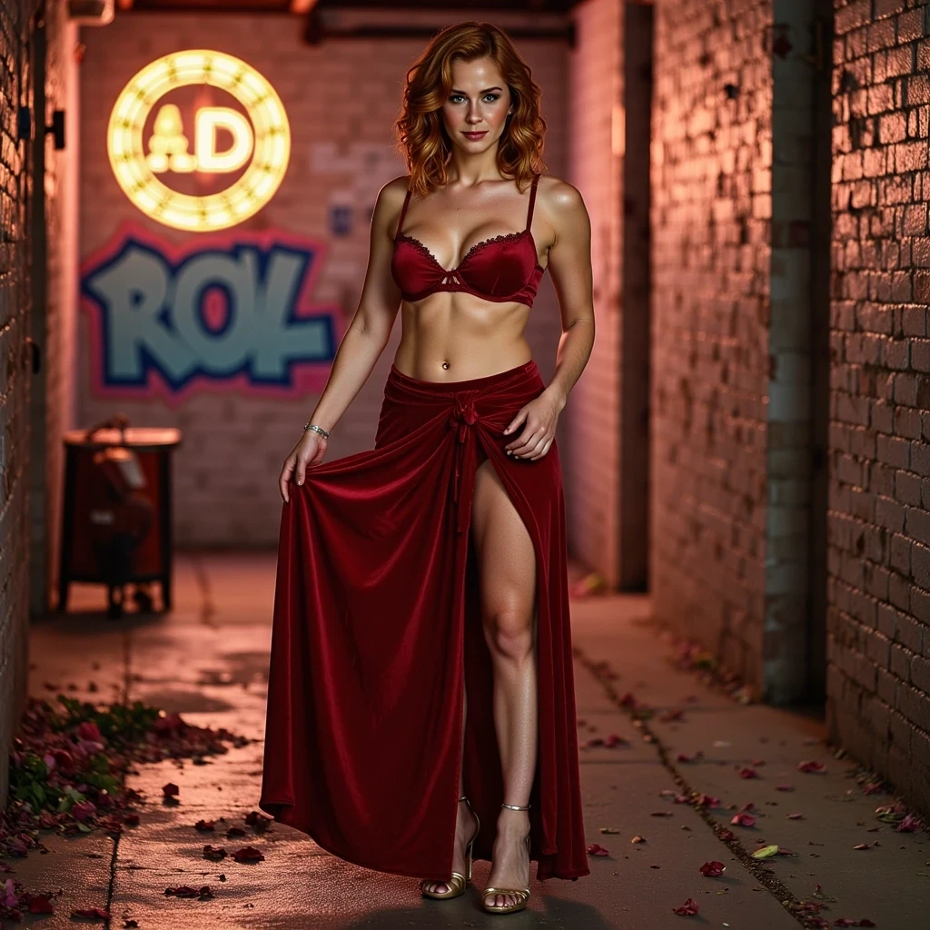 CSTMDL is athletic and curvy, 5 feet 6 inches tall, with DDD breasts, green eyes, and perfectly shaped eyes and pupils. Her hairstyle is bright copper-red, short and wavy, falling 5 inches below her shoulders. Her red eyebrows frame her dramatic makeup: gold shimmer eyeshadow, bold winged eyeliner, and glossy deep red lips.

CSTMDL stands with one leg extended from her deep red velvet high-slit skirt, one hand holding the fabric up just slightly as if daring someone to look. Her bralette glows under the ambient alley lighting. Behind her, a flickering neon BITCOIN symbol sign bathes part of the wall in digital gold and soft pink tones.

Her body faces slightly sideways, but her head turns to meet the camera with a seductive smirk — like she’s in control of more than just the moment. Gold heels shine under soft puddle reflections, and rose petals drift past her foot.

Lighting remains cinematic: golden hour softness layered with gritty neon haze. The graffiti and brick textures blur behind her, and the air feels warm, tense, electric.

Shot on a Canon EOS R5, 50mm f/1.2L lens, ISO 200, f/1.2, 1/250 shutter. Ultra-realistic 8K, dramatic contrast, and shallow depth of field.