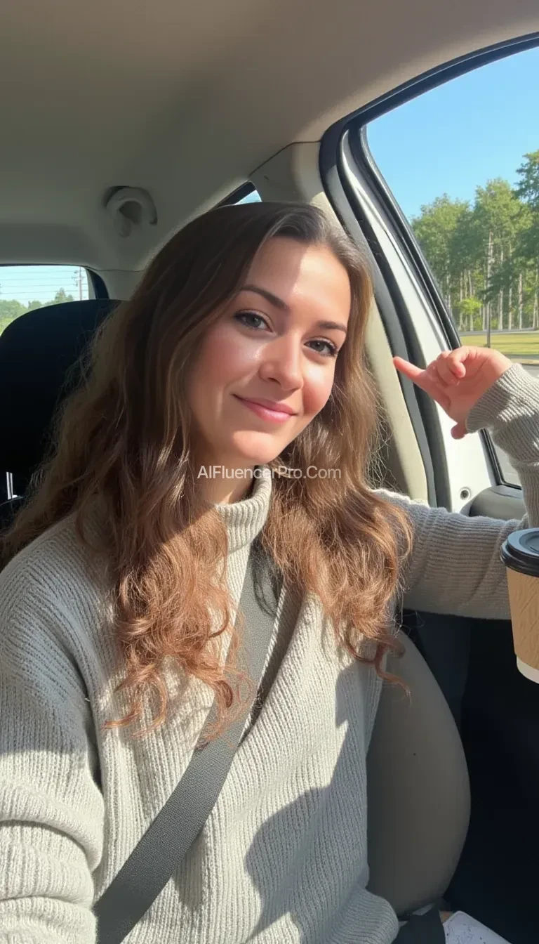 boring low quality snapchat photo circa 2015, A young woman with a warm smile, sitting in the driver's seat of a cozy car. She has soft, wavy brown hair cascading past her shoulders. The sunlight streams through the window, casting a gentle glow on her face. The interior of the car is neat and comfortable, with a coffee cup in the cup holder and a small plant on the dashboard. The background outside the window shows a scenic road lined with trees and blue skies, Thai student naked smile.