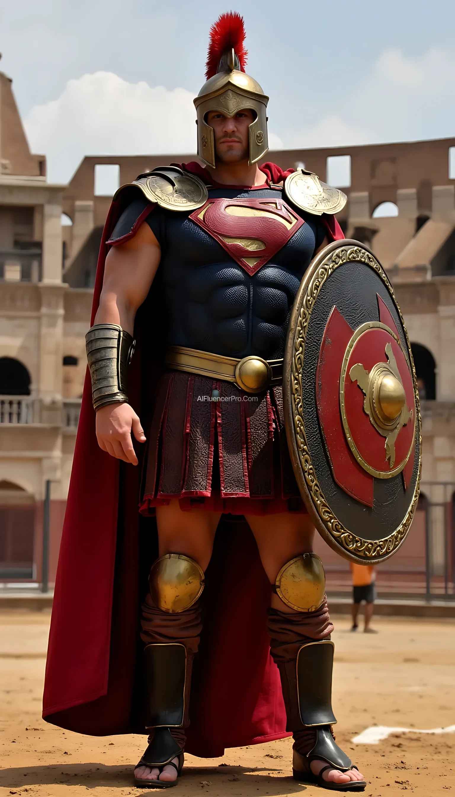 Superman wearing Roman gladiator armor, carrying a large shield with the S emblem and a classic-shaped helmet. Standing proudly in the Colosseum arena, ready for battle.