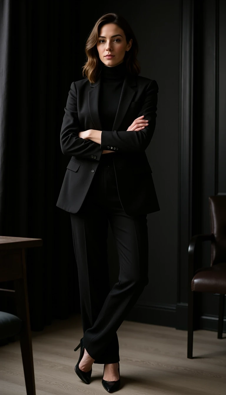 Model age: 30
Ethnicity: French
Style: Powerful, Elegant, Editorial, Dark Glamour, CSTMDL woman
Standing in black turtleneck and trousers, arms crossed, high heels, modern black office interior, moody lighting, confident pose, cinematic shot