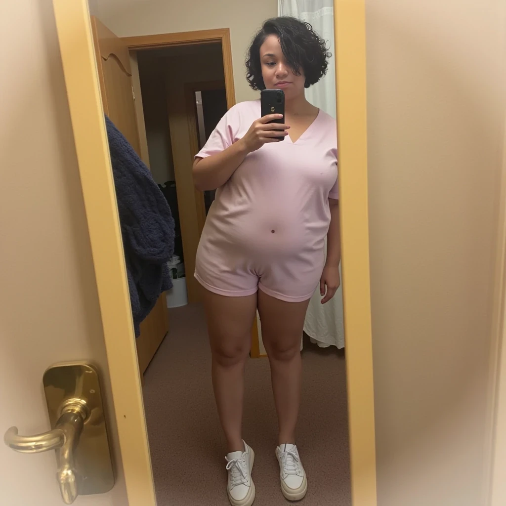 boring low quality snapchat photo circa 2015, mirror photo, mirror shot,  cute woman, thick body, standing, full body, big butt, nurse, really short curly hair, short hair, lightskin, Latina, huge butt, short, facial, bbl, thick, big ass, voluptuous, tits out, flashing