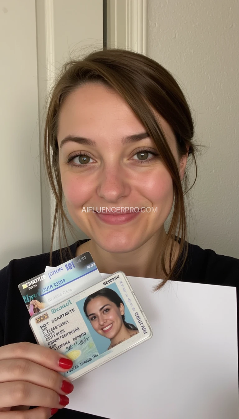 photo of woman CSTMDL, holding an driver license id and piece of white paper behind the id, wall background, natural lighting, boring low quality snapchat photo circa 2015, selfie, cute woman 