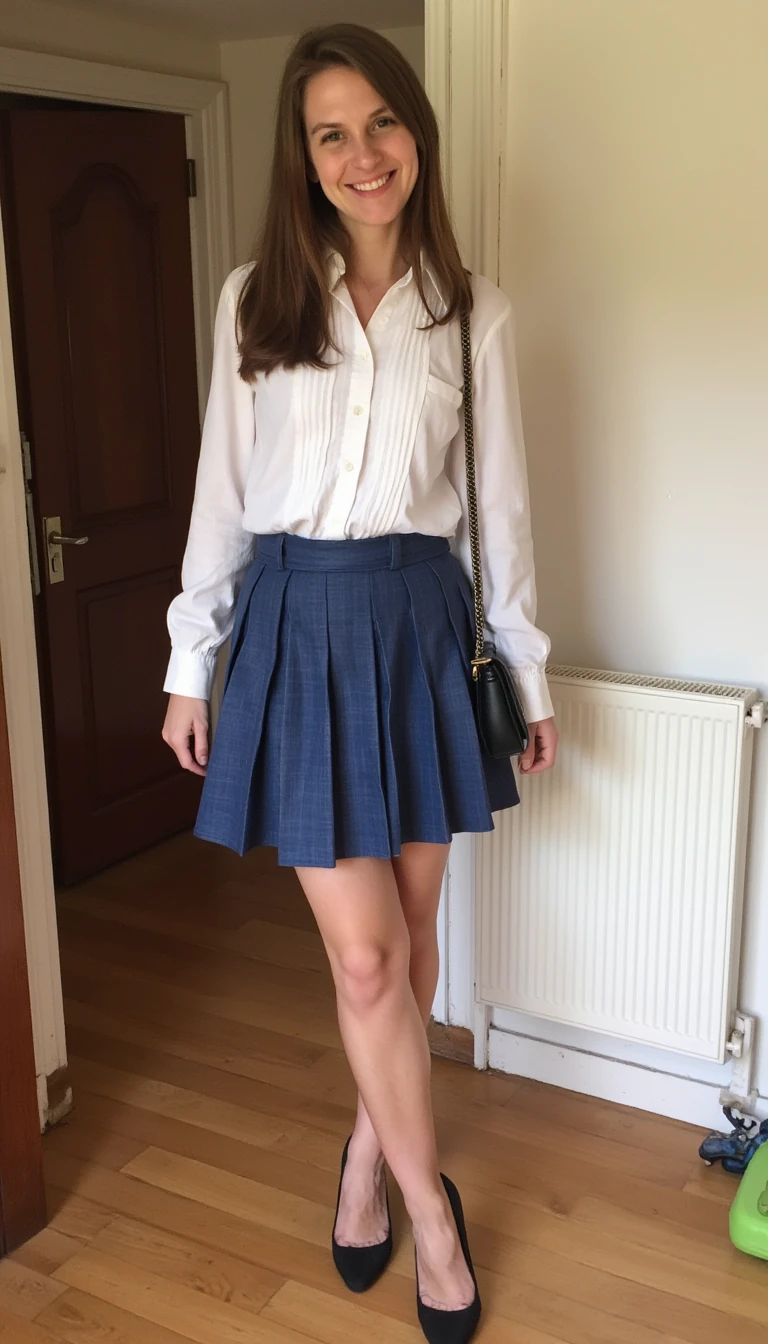 boring low quality snapchat photo circa 2015, finance girl, girl next door, half Dutch half British, light brown hair, blouse and skirt
