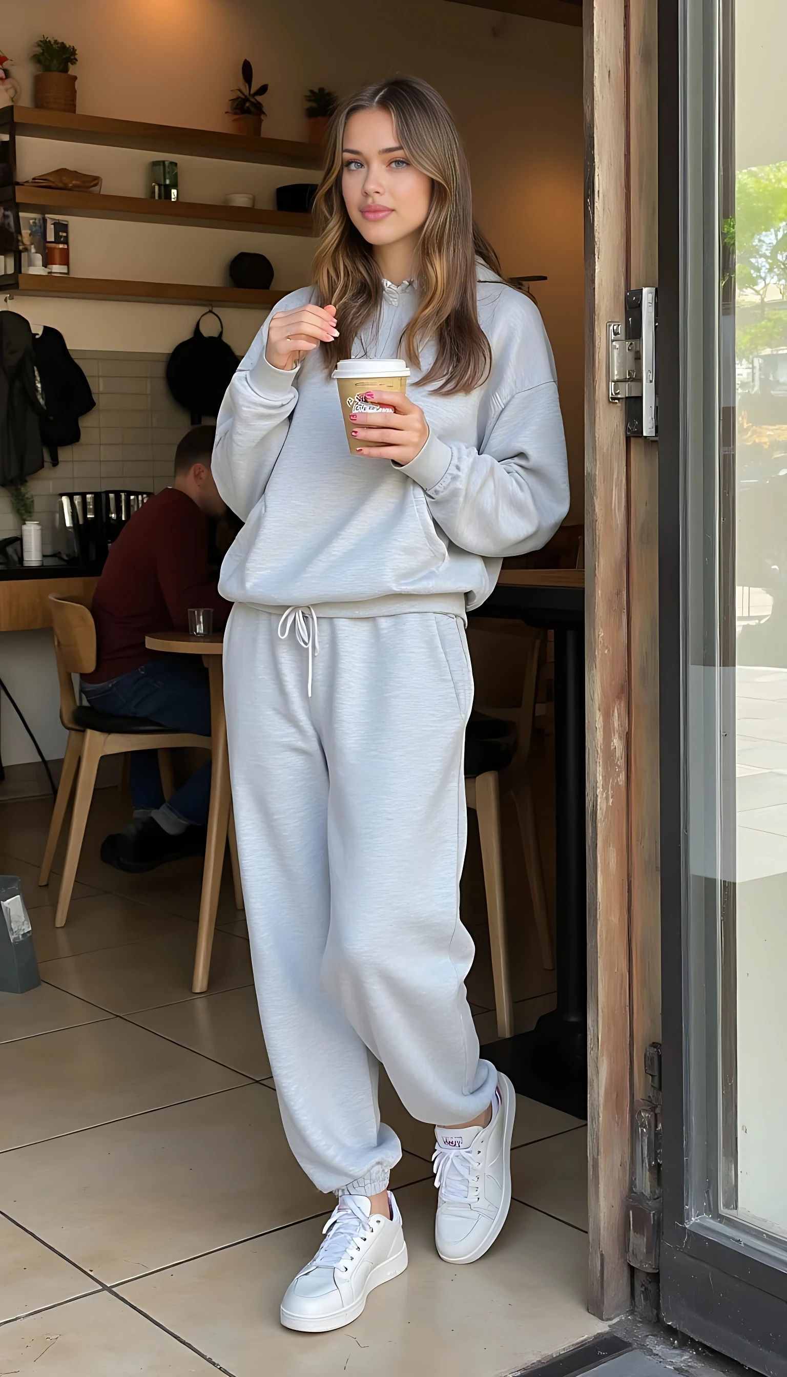 Girl in coffee shop having coffee on a casual day, hair is down and she is wearing a grey tracksuit set and white sneakers with a coffee in hand d