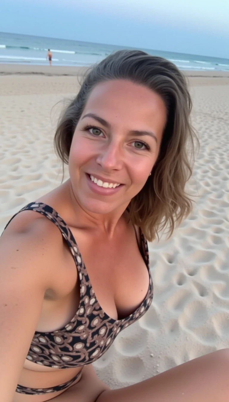 boring low quality snapchat photo circa 2015, a woman CSTMDL model wearing Instagram outfit on beach, instagram photo, instagram, hourglass figure