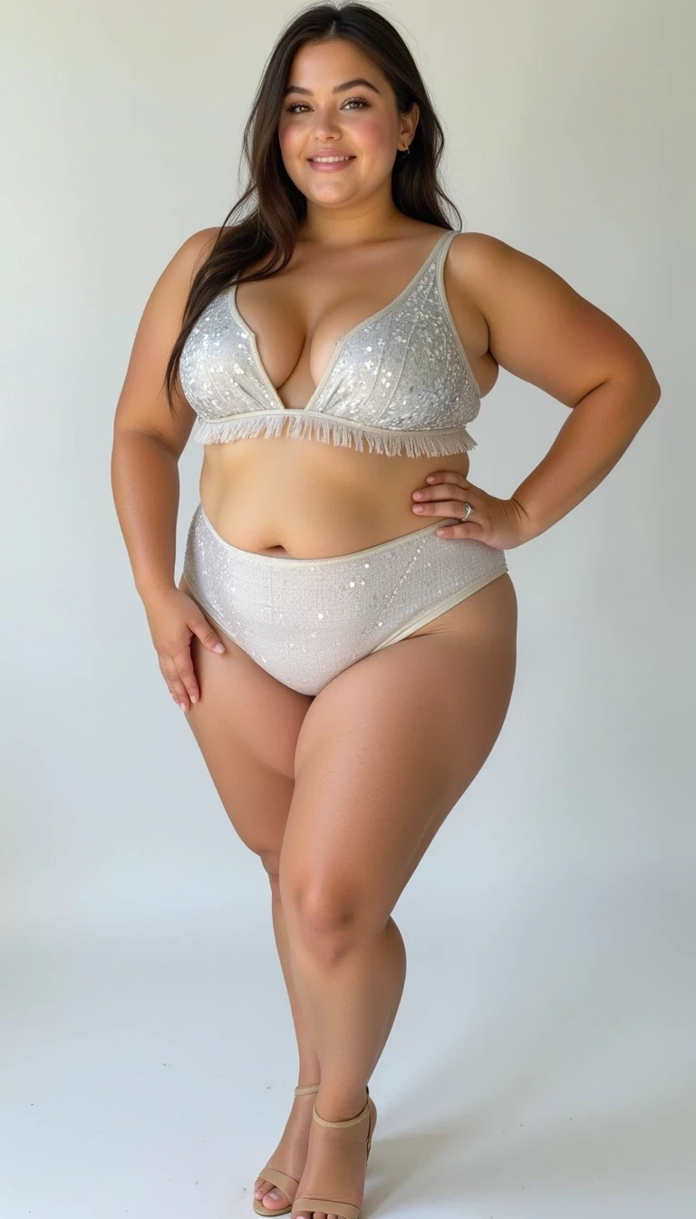 Full shot of quality CSTMDL An chubby body 26-year-old girl., long brown hair and blue eyes, bigger ass, full shot of her body, lightly tanned skin, extremely detailed skin, she is 3'11 inches tall, stronger and bigger thighs, thighs size 20 inches,  clean face, in picture is girl's body from thighs up to her hair fully visible, The body has a highly defined hourglass shape, The waist is very narrow at around 28 inches, creating a noticeable inward curve, The hips measure about 55 inches, smoothly widening from the waist into full, rounded curves, The abdomen is flat with light vertical muscle tone visible, showing definition but not bulk. This portrait features a confident dwarf type of female dancer posing dynamically against a seamless light backdrop. Her wavy, shoulder-length blonde hair is styled elegantly, framing her face, which is characterized by bright, expressive features. She has prominent cheekbones and a warm smile that conveys enthusiasm. The subject is dressed in a glamorous, sparkling silver and white dance costume adorned with sequins and fringes that catch the light, enhancing the sense of movement. Her posture is playful and inviting, with one arm raised playfully and the other on her hip. The output is well-lit, utilizing soft box lighting to create a flattering glow on her skin and costume, emphasizing the textures and sparkle. The shallow depth of field isolates the subject from the background, drawing the viewer’s attention to her joyful expression and vibrant attire. The composition balances the full-body view, ensuring the outfit and dance shoes, which are tan with a slight heel, are visible, suggesting a playful yet professional ambiance. The style conveys an upbeat, celebratory mood, suitable for a dance performance or promotional shoot.Details: Bright s shot, slight Dutch angle Details: Bright smile, High Detail, 4K, better quality, full body on camera, bigger ass, bigger boobs