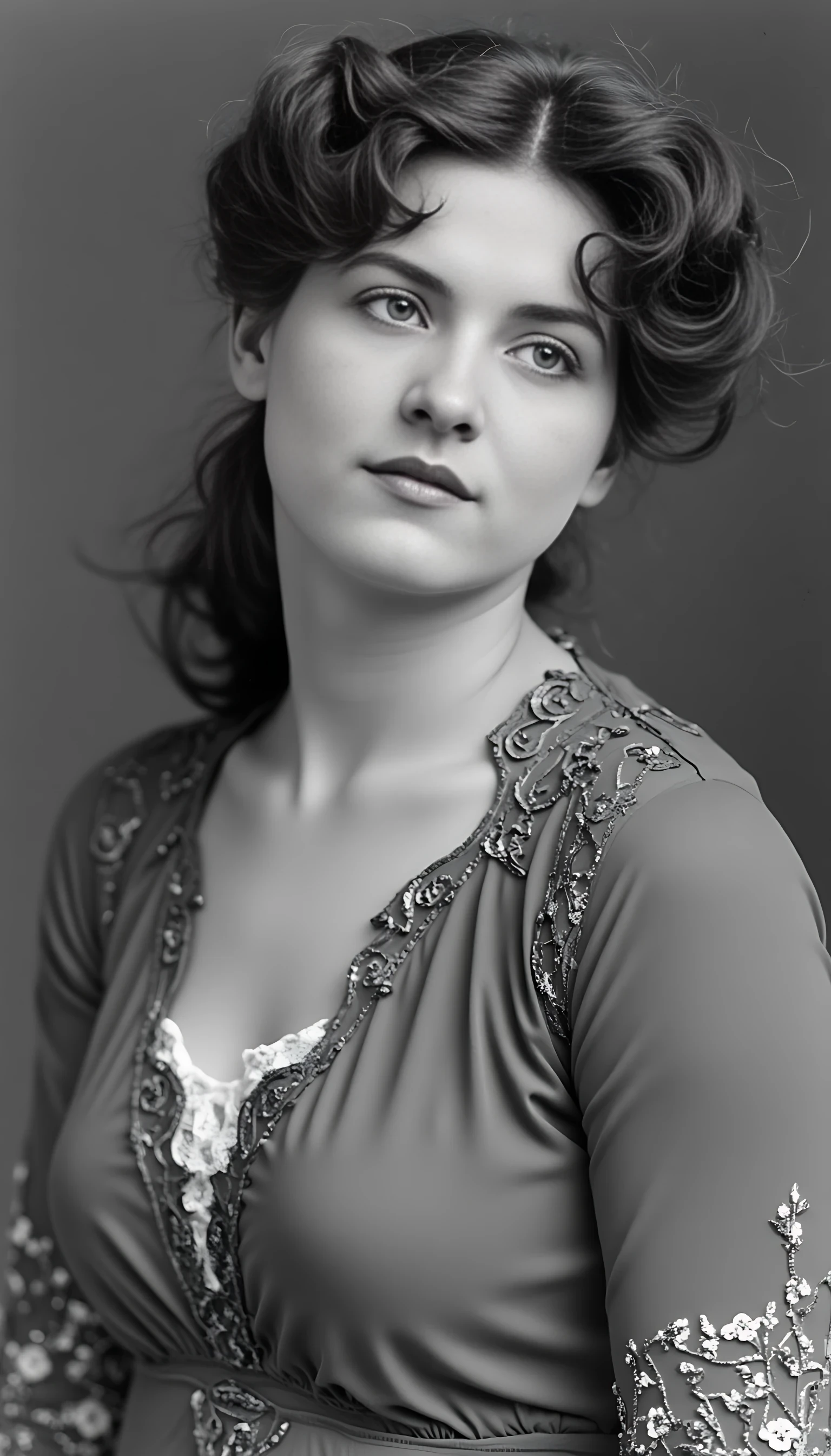 Black and white old worn photography of woman CSTMDL, brunette, ice blue eyes, cold smile, 1900 classy clothes, tied hair