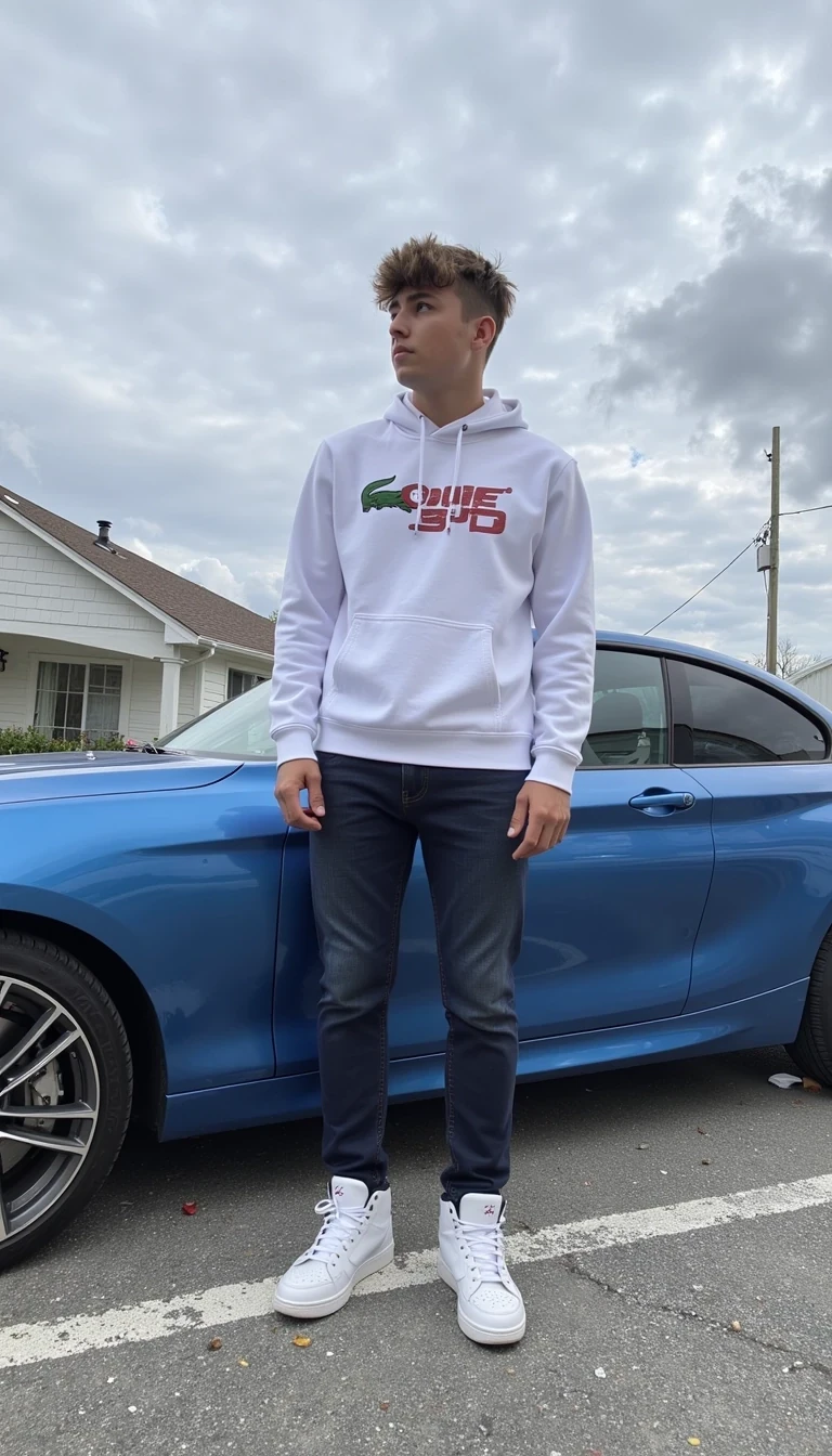CSTMDL - The image depicts a young masculine man standing and in far away is back blue car, specifically a BMW M2 2024 in colour: baby blue. He wears a white hoodie emblazoned with crocodile logo and dark jeans. he wears on shoes nike jordan boots, specifically a shite Jordan 1 Retro High Dior
