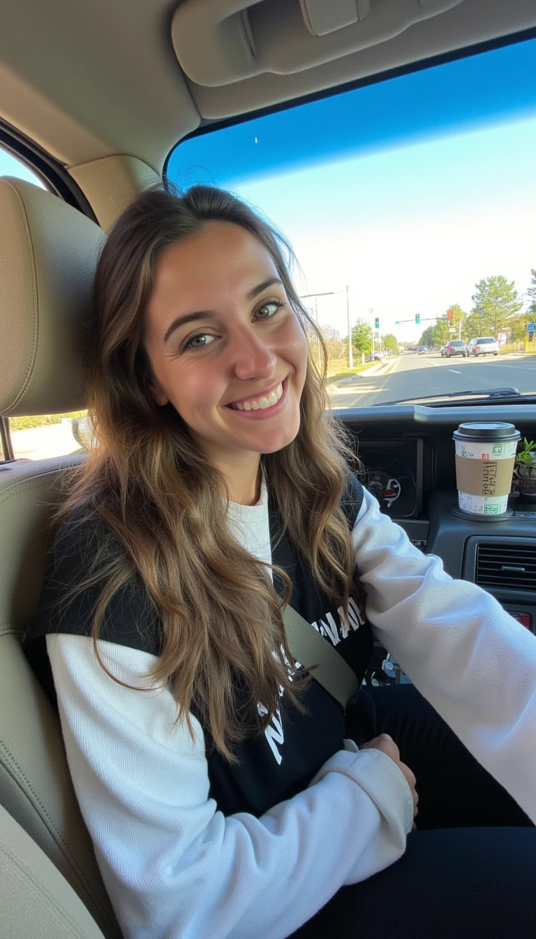 boring low quality snapchat photo circa 2015, A young woman with a warm smile, sitting in the driver's seat of a cozy car. She has soft, wavy brown hair cascading past her shoulders. The sunlight streams through the window, casting a gentle glow on her face. The interior of the car is neat and comfortable, with a coffee cup in the cup holder and a small plant on the dashboard. The background outside the window shows a scenic road lined with trees and blue skies