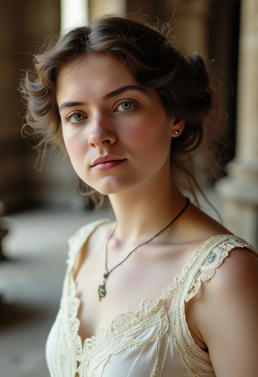 photo of woman CSTMDL, brunette, small pendant, no watch, no ring, hair tied, blue eyes, vintage early 1900 white dress.
She’s working as an archaeologist at Angkor wat