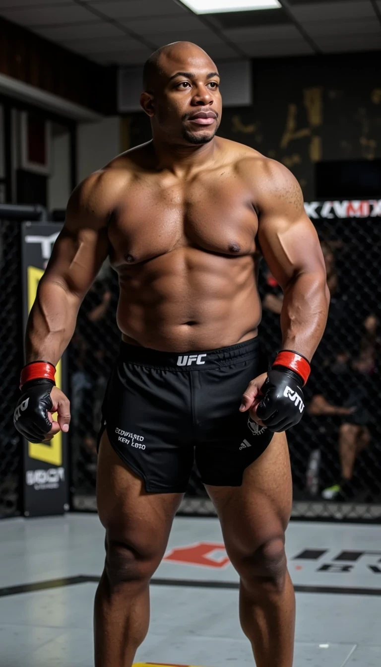 iPhone Photorealistic Full body image. make him more realistic and similar. Powerful fighter, He is wearing ufc fighter shorts and mma gloves . Slim but less muscular build. He is looking beyond and to the side of the camera , as if the paparazzi is shooting him while he is standing inside a MMA cage inside a training facility. He looks like a confident stud, CSTMDL, Face of Carter and bald head