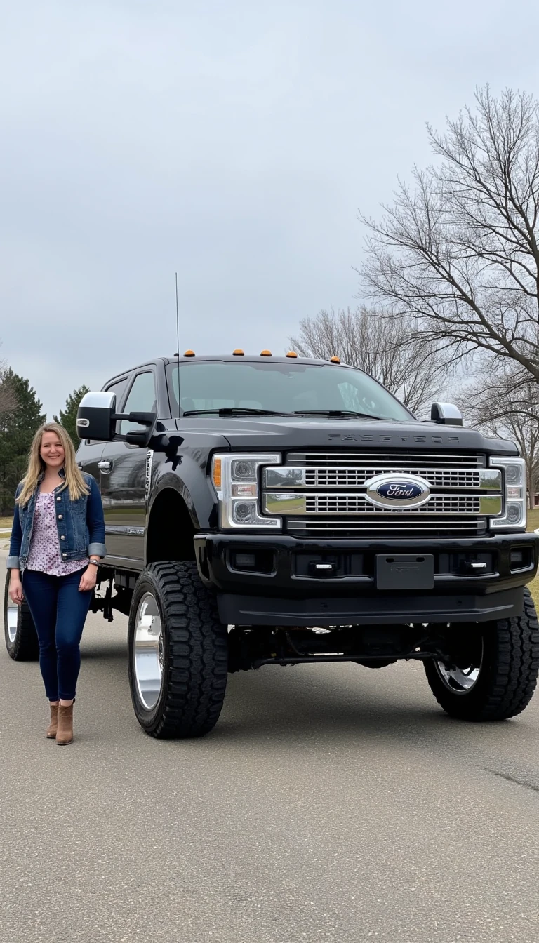 Lexi is standing in front of a black lifted 2025 ford F450 platinum. The truck is clean, paint matched.