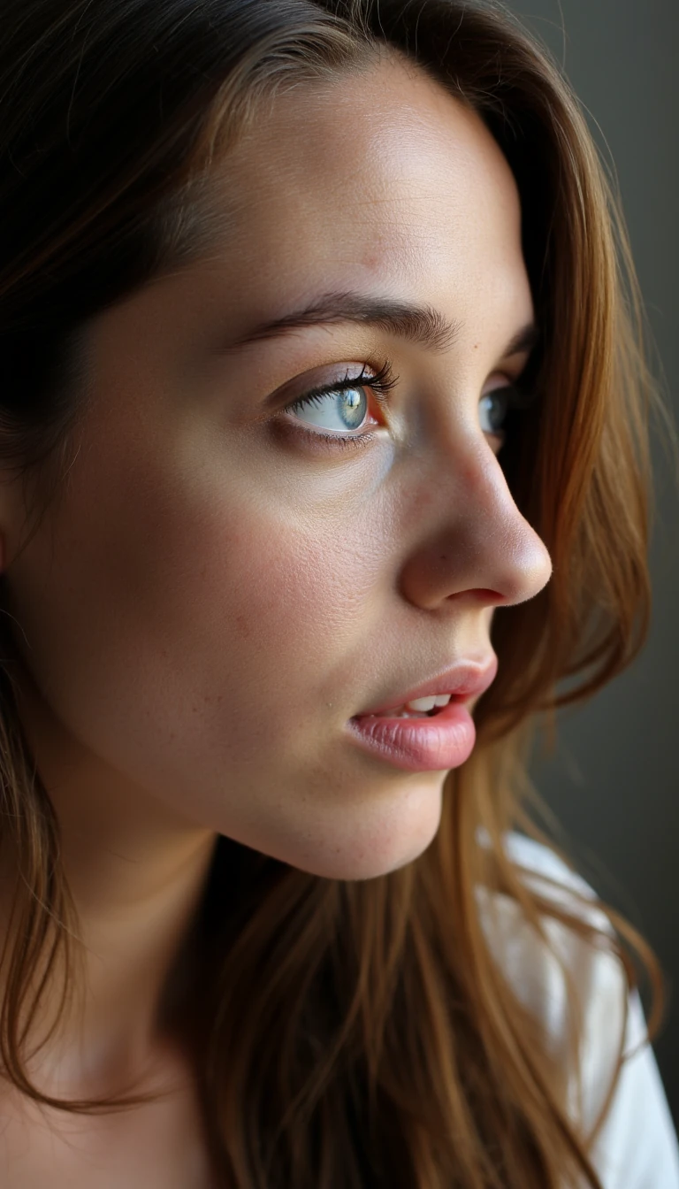 close-up of a feminine woman with big soft blue eyes, long dark lashes, defined cheekbones, wavy brown hair cascading over one shoulder, soft sad expression, slightly open lips, natural glossy skin texture, shot in soft afternoon window-light with shallow depth of field, polish girl, pure left-side profile facing left, warm window light accentuating nose and lips, neutral grey backdrop